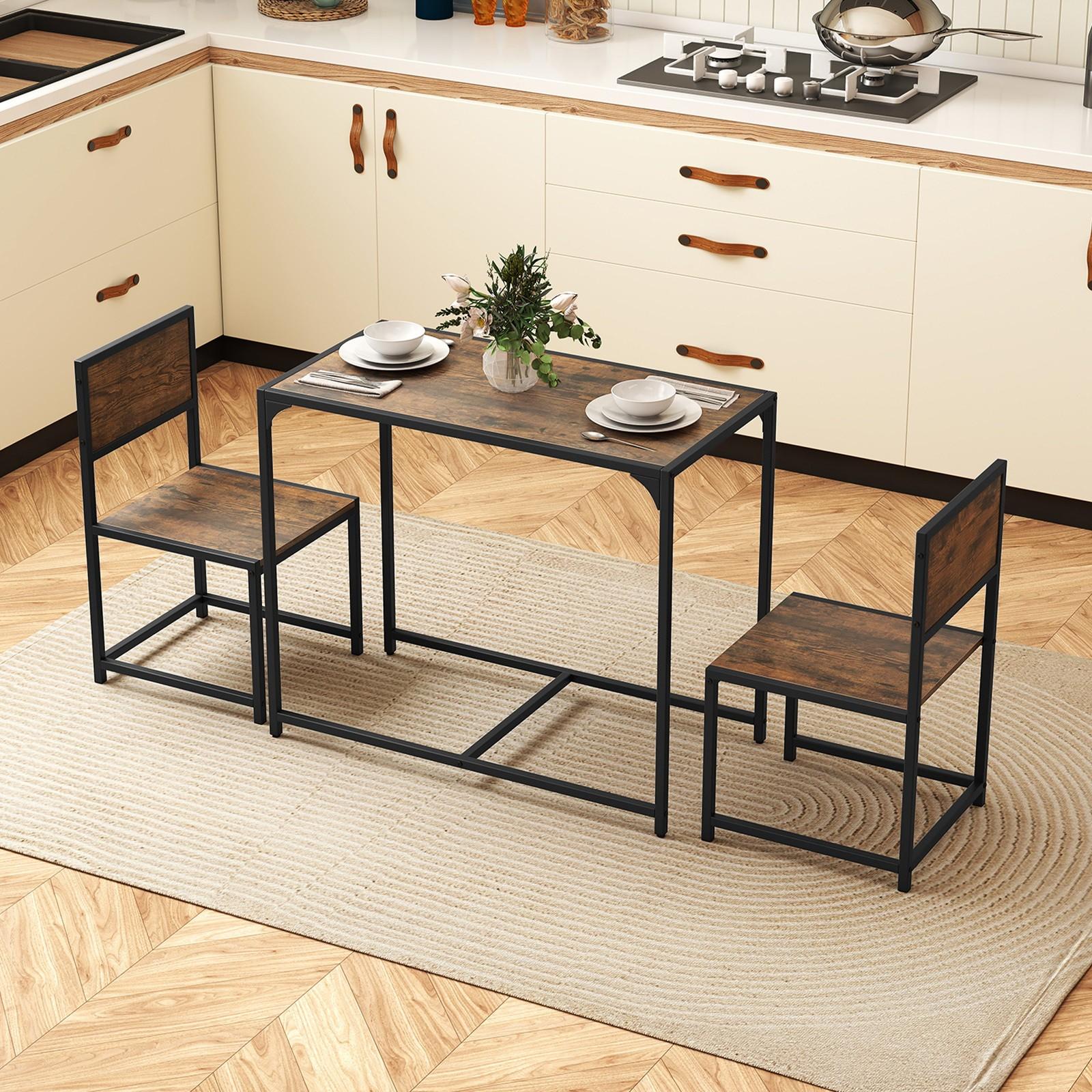 COSTWAY 3pcs Small Dining Table Set for 2 with 2 Chairs, Space-Saving Foldable-like Design (Table & Chairs Store Under It), Heavy-Duty Metal Frame & Wood Grain Surface, H-Shape Base, Compact Kitchen Table for Apartments, Home, Cafe