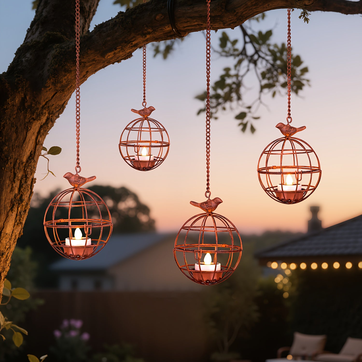 4pcs Set Outdoor Solar Hanging Lanterns, Rust-Colored Birdcage Style Iron Wire Ball Hanging Candle Holders with Solar Tea Lights, Suitable for Courtyards, Woods, and Trellis Decoration
