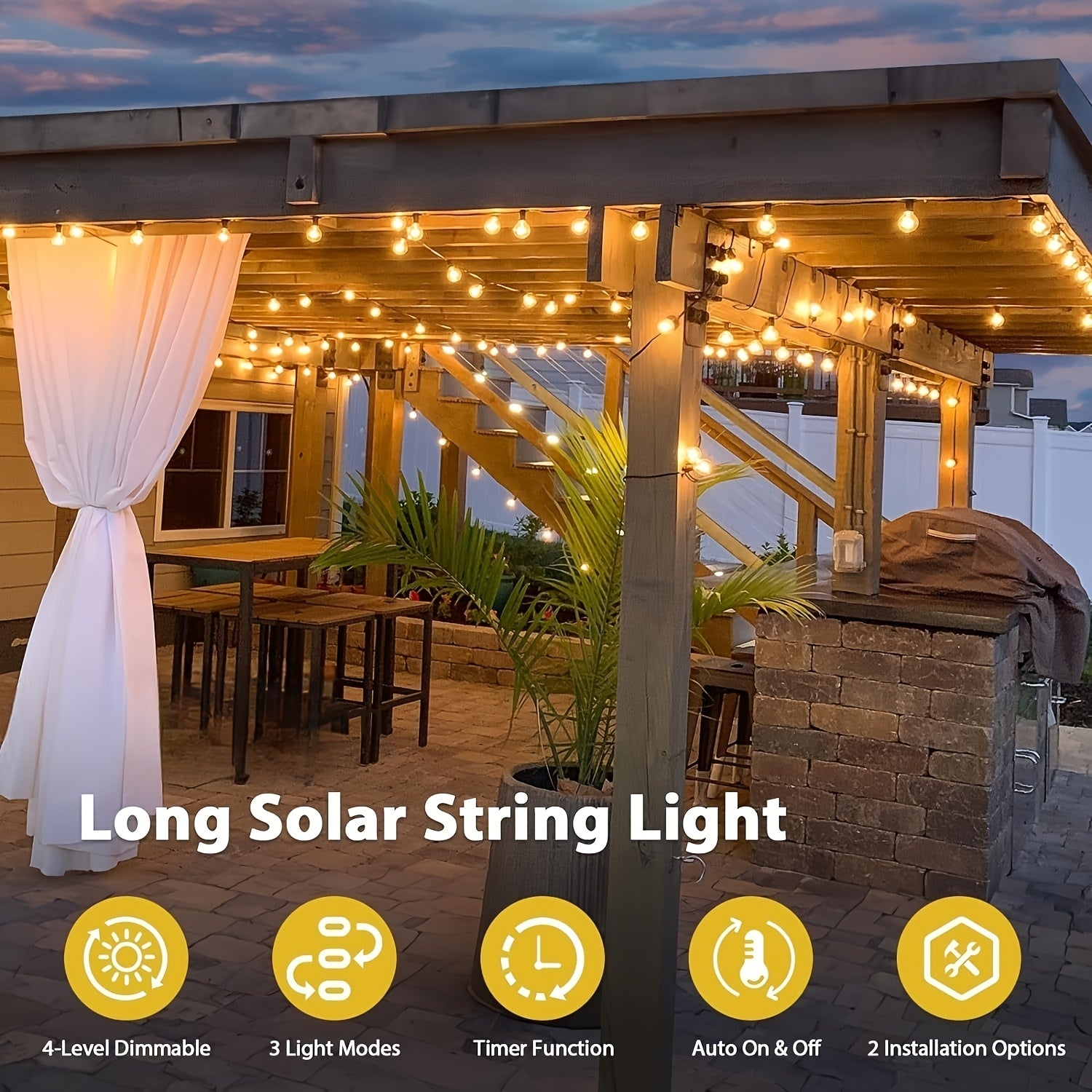 60FT\u002F120FT G40 ST38 Solar Powered Dimmable String Lights - Remote Controlled, Waterproof Patio Lights with LED Edison Bulbs for Outdoor Backyard Porch, Perfect for Patio, Backyard, Fence & Holiday Celebrations