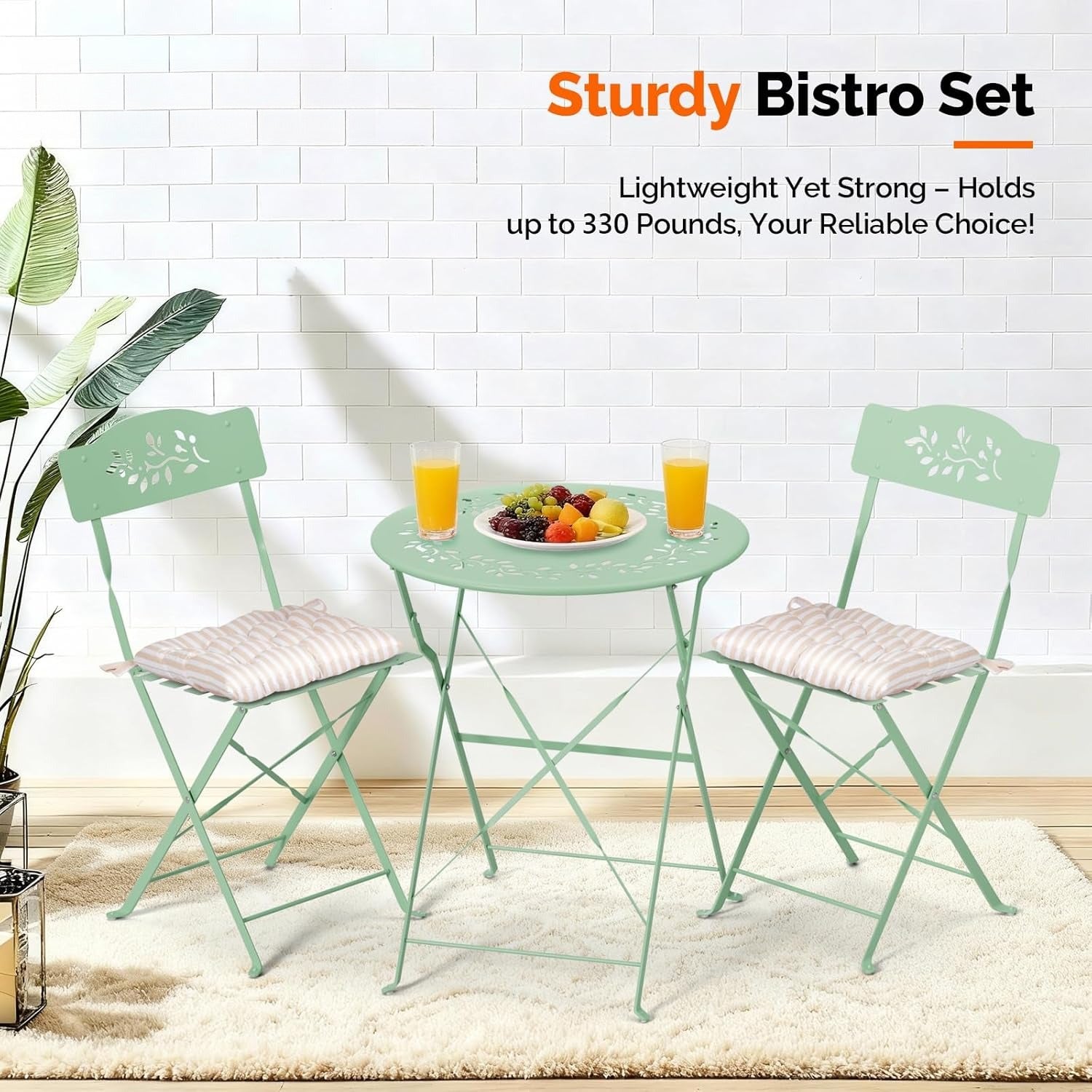 Outdoor Folding Bistro Set (3-Piece) - Patio Chair Olive Leaf Cutout Design, 2 Chairs 1 Table for Patio Balcony Garden Porch Yard, Space-Saving Foldable Outdoor Seating Set Pink\u002FGreen\u002FBlue\u002FBlack Multicolor