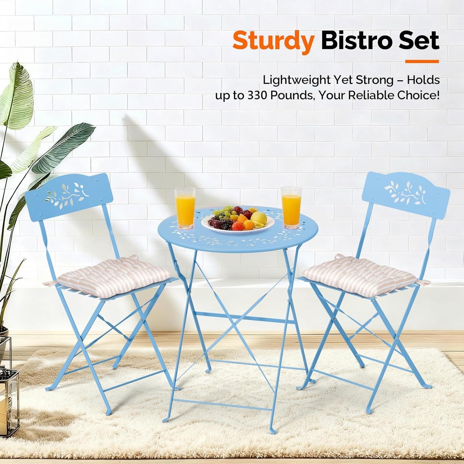 Outdoor Folding Bistro Set (3-Piece) - Patio Chair Olive Leaf Cutout Design, 2 Chairs 1 Table for Patio Balcony Garden Porch Yard, Space-Saving Foldable Outdoor Seating Set Pink\u002FGreen\u002FBlue\u002FBlack Multicolor
