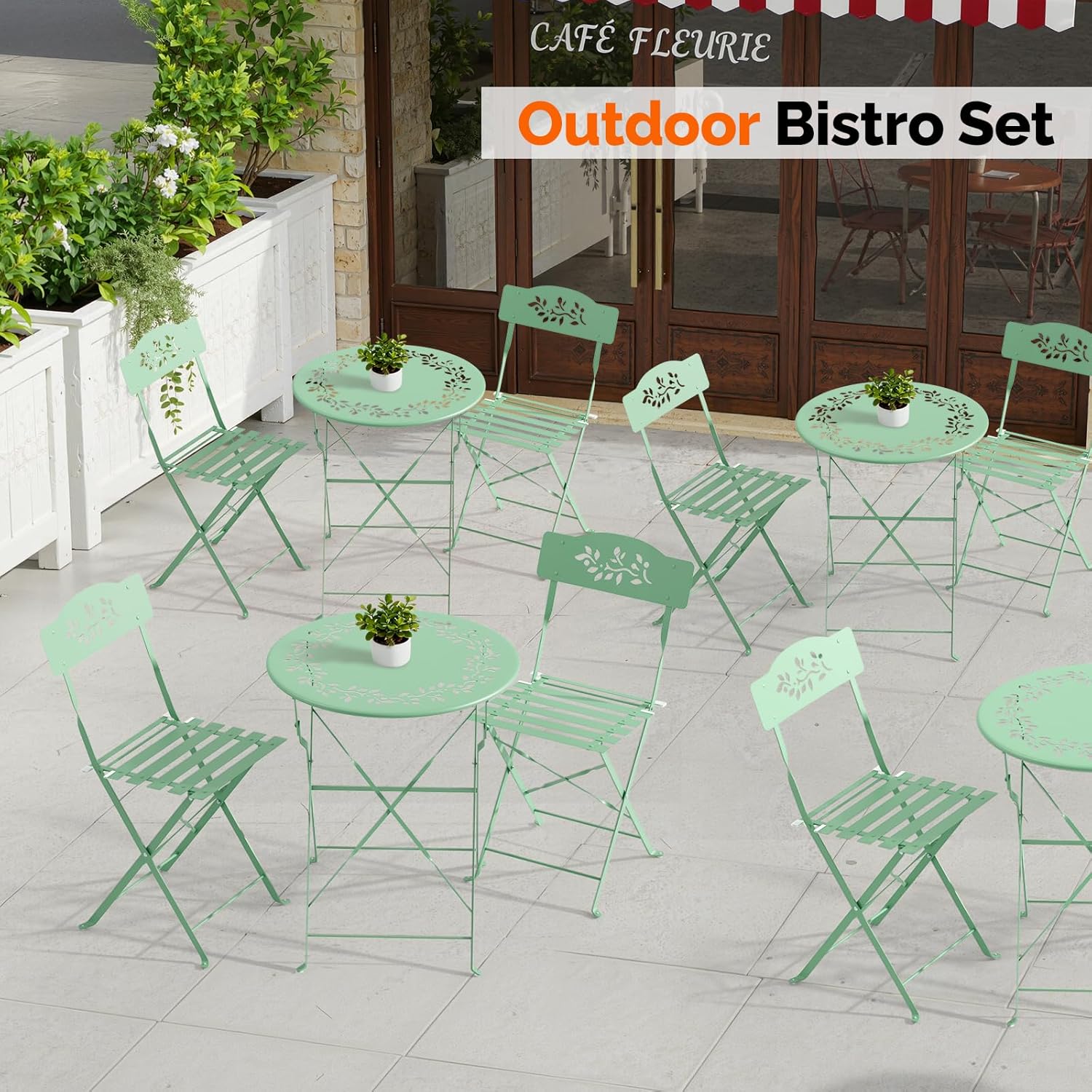 Outdoor Folding Bistro Set (3-Piece) - Patio Chair Olive Leaf Cutout Design, 2 Chairs 1 Table for Patio Balcony Garden Porch Yard, Space-Saving Foldable Outdoor Seating Set Pink\u002FGreen\u002FBlue\u002FBlack Multicolor