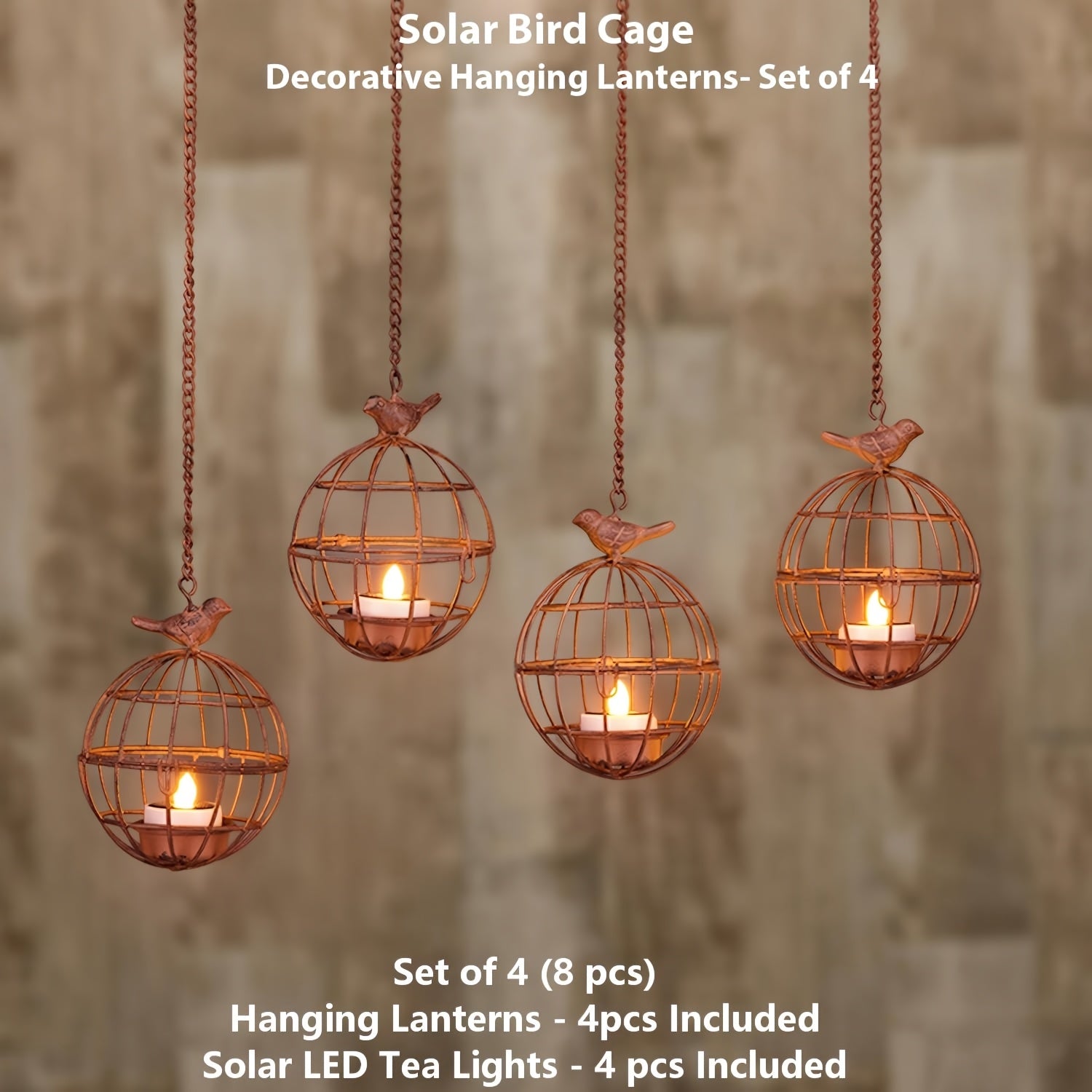 4pcs Set Outdoor Solar Hanging Lanterns, Rust-Colored Birdcage Style Iron Wire Ball Hanging Candle Holders with Solar Tea Lights, Suitable for Courtyards, Woods, and Trellis Decoration