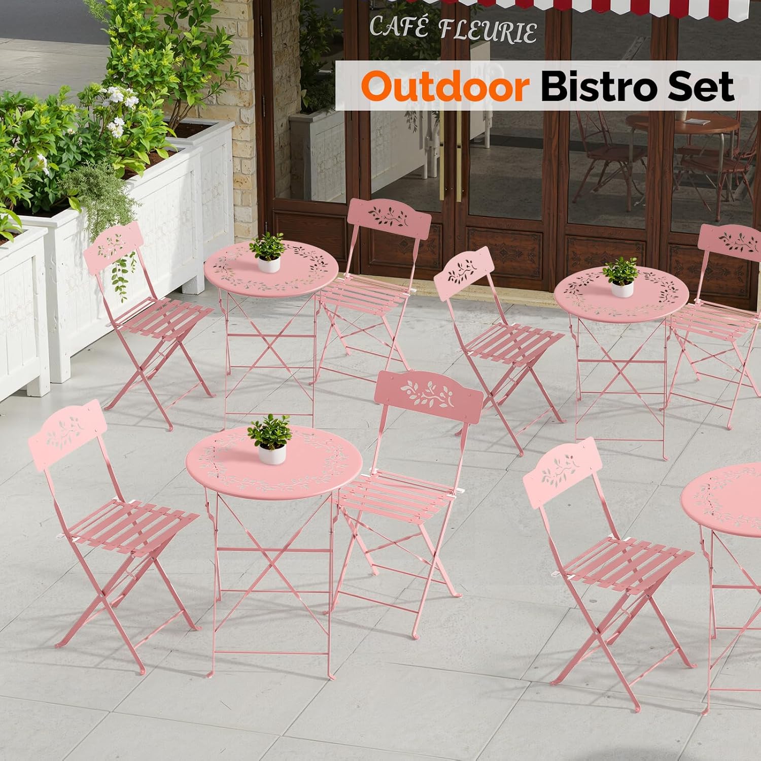 Outdoor Folding Bistro Set (3-Piece) - Patio Chair Olive Leaf Cutout Design, 2 Chairs 1 Table for Patio Balcony Garden Porch Yard, Space-Saving Foldable Outdoor Seating Set Pink\u002FGreen\u002FBlue\u002FBlack Multicolor