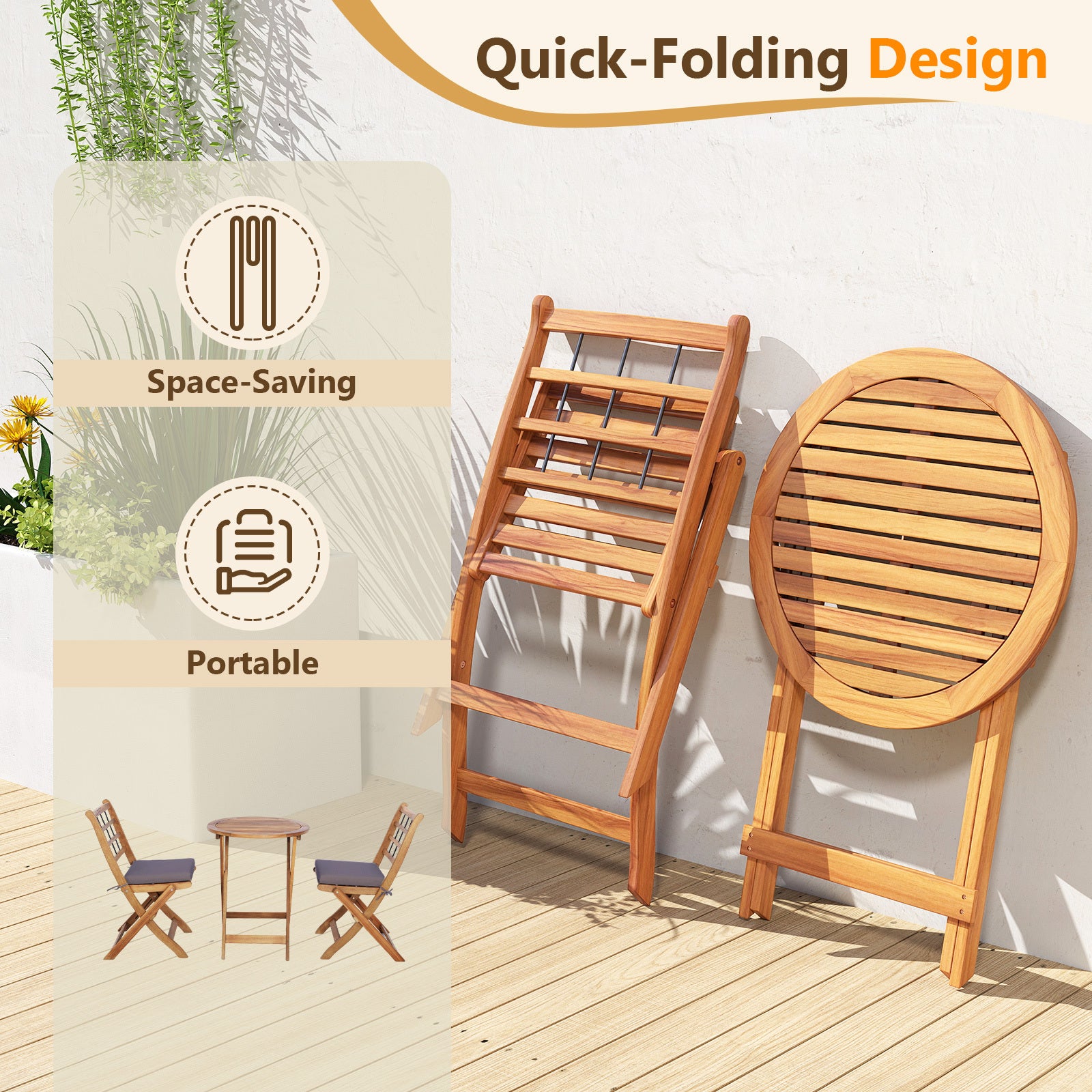 COSTWAY 3pcs Acacia Wood Patio Bistro Set Folding Table and Chairs Set with Cushions