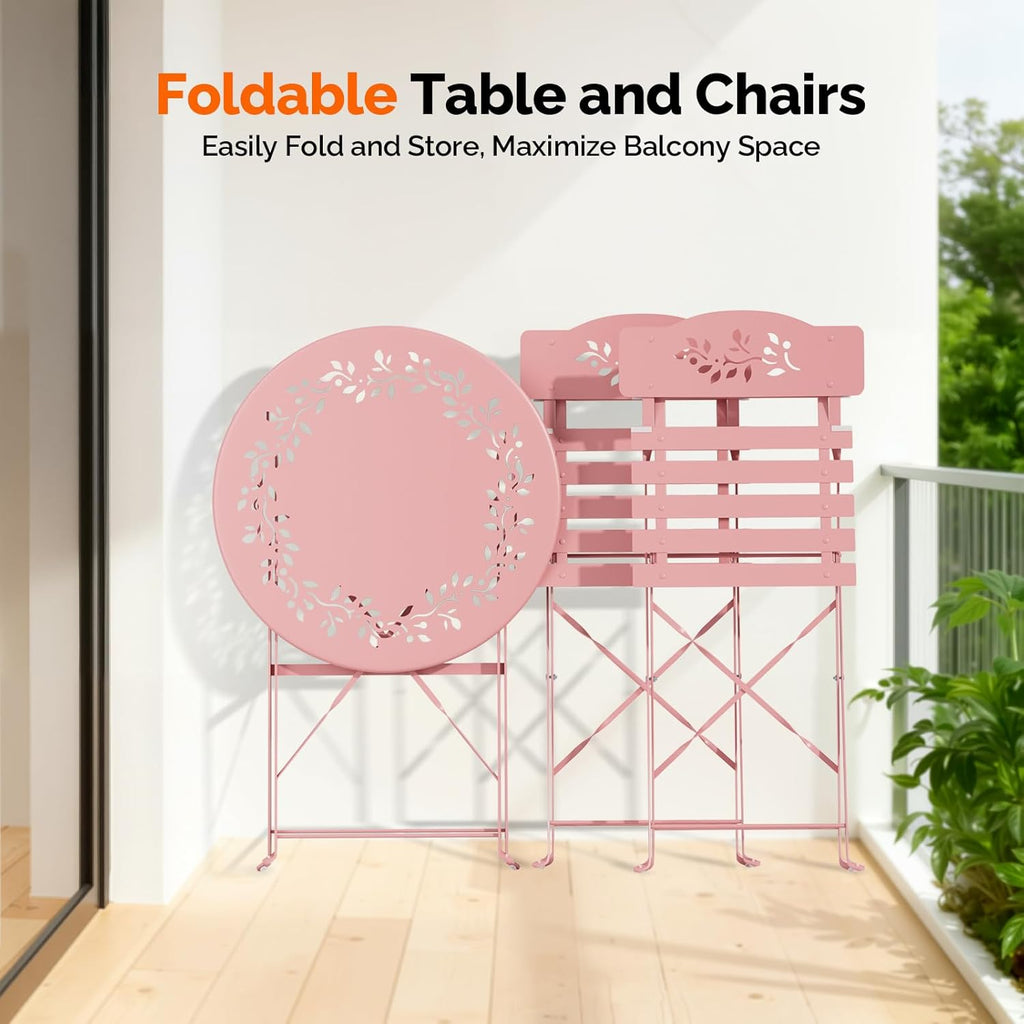 Outdoor Folding Bistro Set (3-Piece) - Patio Chair Olive Leaf Cutout Design, 2 Chairs 1 Table for Patio Balcony Garden Porch Yard, Space-Saving Foldable Outdoor Seating Set Pink\u002FGreen\u002FBlue\u002FBlack Multicolor
