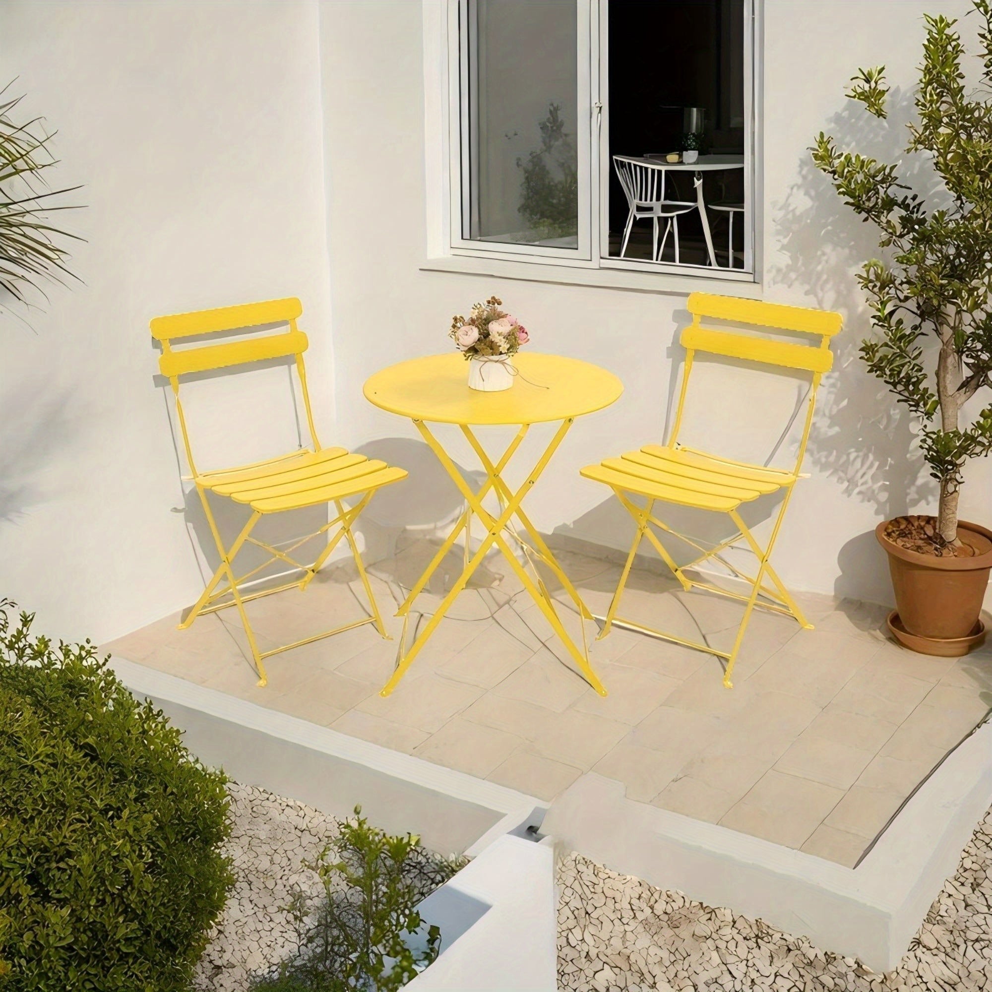 Outdoor 3pcs Folding Bistro Set, Includes 1 Table And 2 Folding Chairs, Powder Coated Metal, Portable Design for Small Spaces, Patio, Balcony, Garden, Poolside