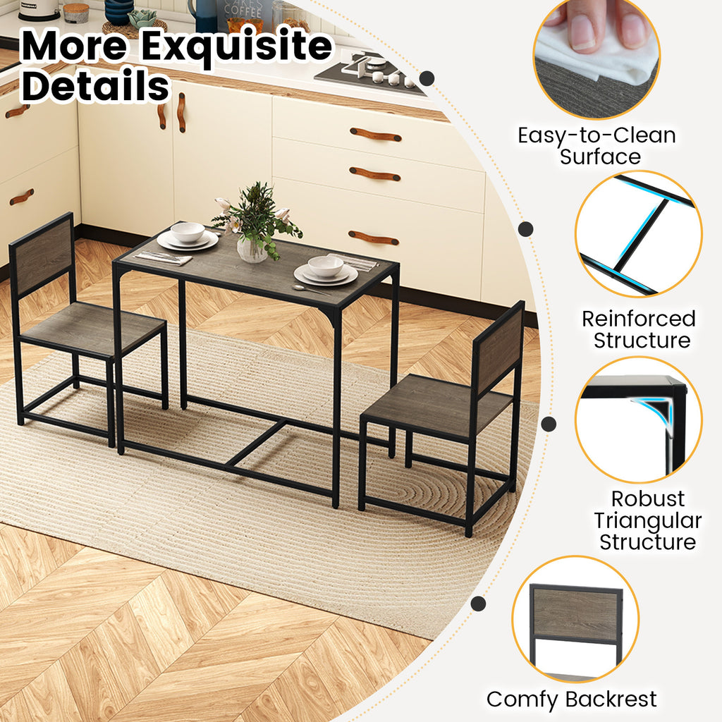 COSTWAY 3pcs Small Dining Table Set for 2 with 2 Chairs, Space-Saving Foldable-like Design (Table & Chairs Store Under It), Heavy-Duty Metal Frame & Wood Grain Surface, H-Shape Base, Compact Kitchen Table for Apartments, Home, Cafe