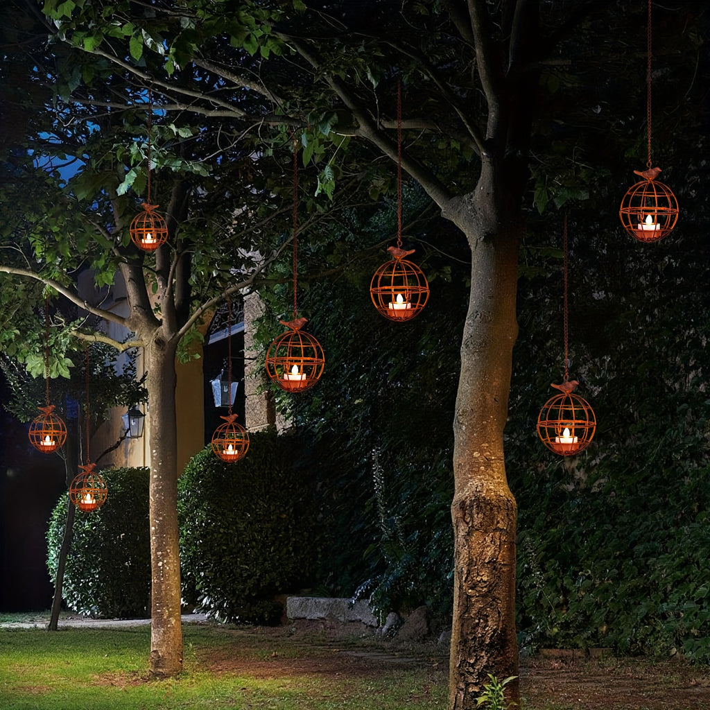 4pcs Set Outdoor Solar Hanging Lanterns, Rust-Colored Birdcage Style Iron Wire Ball Hanging Candle Holders with Solar Tea Lights, Suitable for Courtyards, Woods, and Trellis Decoration