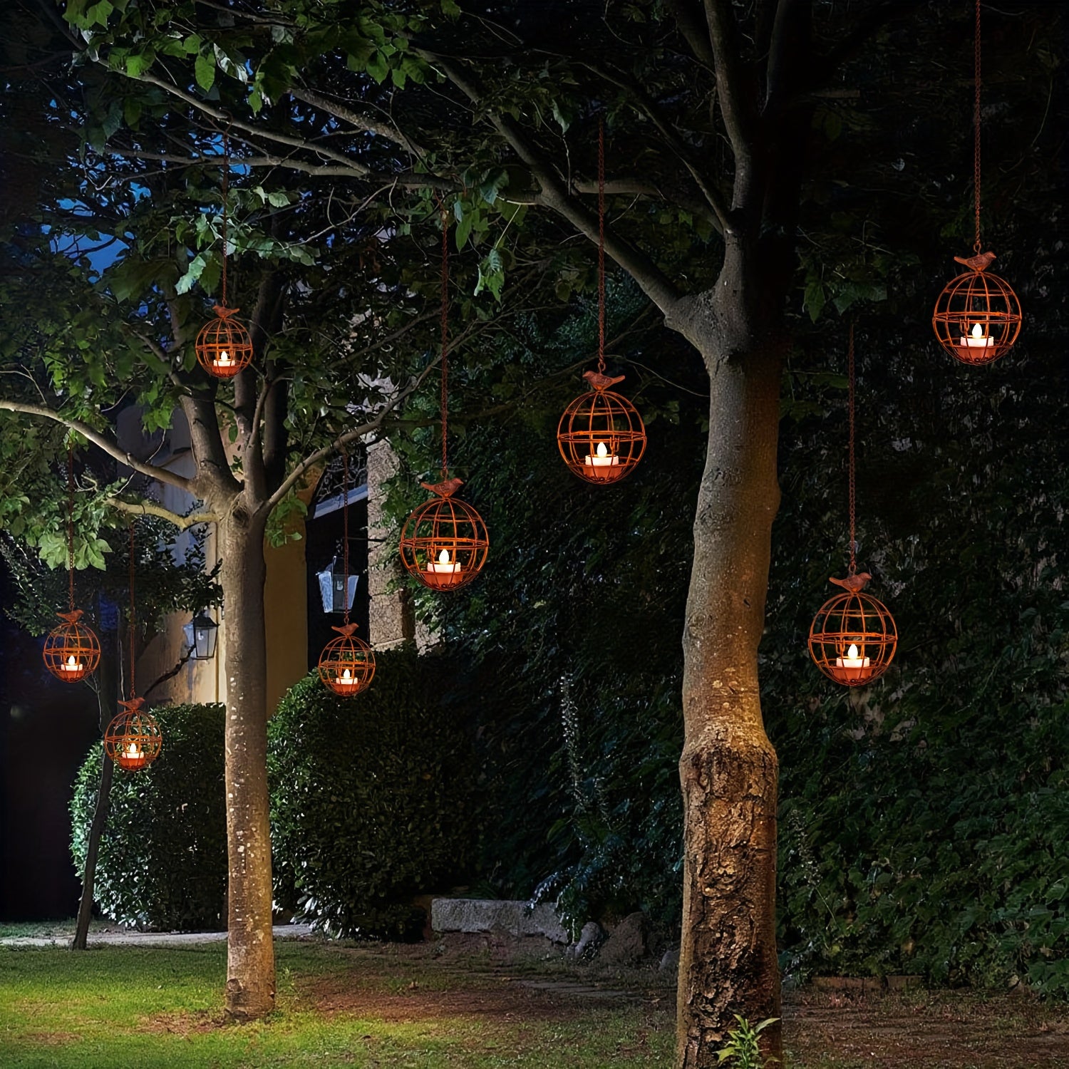 4pcs Set Outdoor Solar Hanging Lanterns, Rust-Colored Birdcage Style Iron Wire Ball Hanging Candle Holders with Solar Tea Lights, Suitable for Courtyards, Woods, and Trellis Decoration