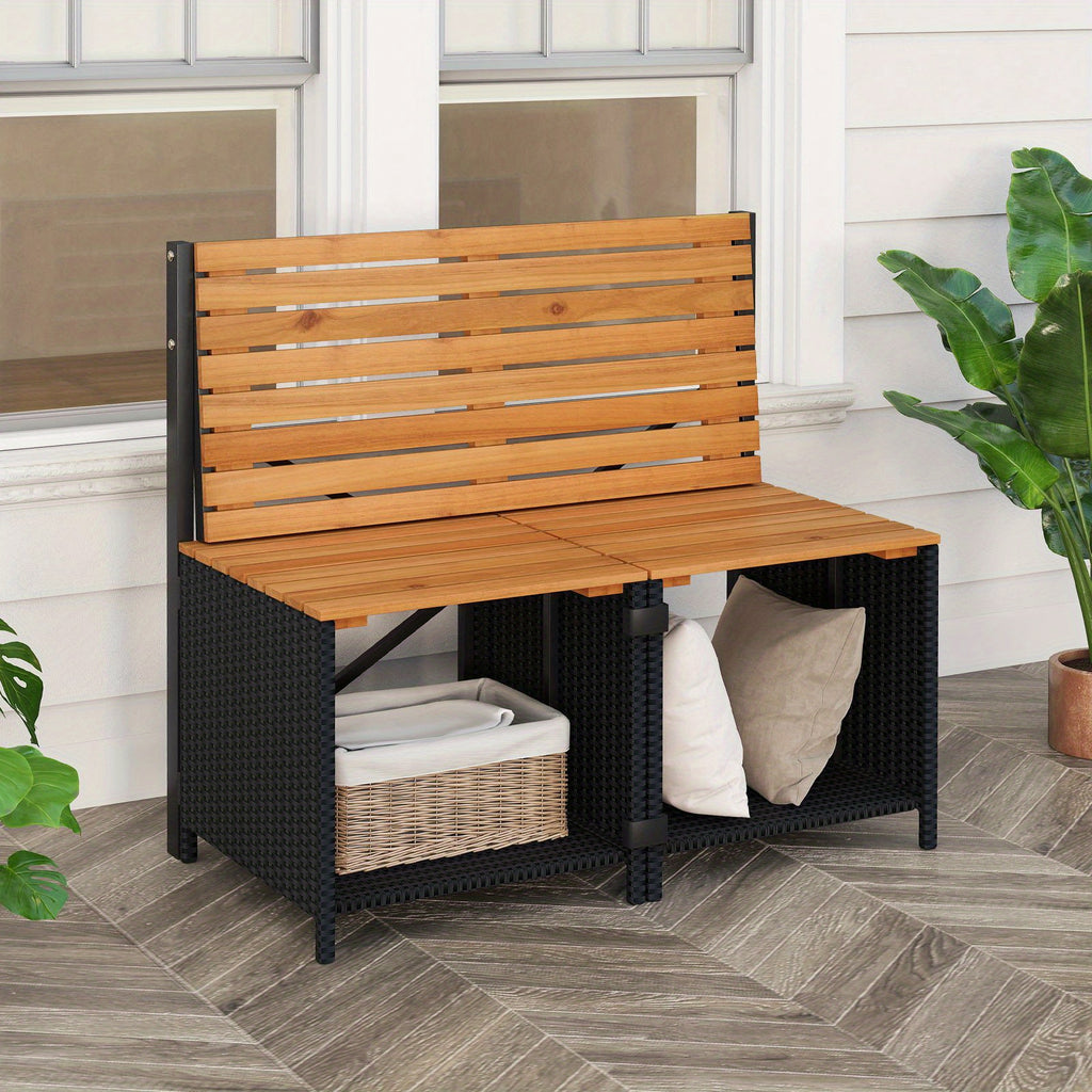 LIFEZEAL 2-in-1 Outdoor Convertible Bench, Transforming Interchangeable Picnic Table Garden Loveseat with Metal Frame, PE Rattan Acacia Wood Foldable Table and Chairs Set for Porch, Backyard & Deck
