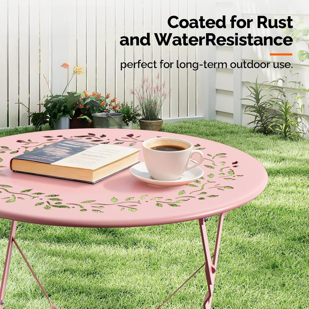 Outdoor Folding Bistro Set (3-Piece) - Patio Chair Olive Leaf Cutout Design, 2 Chairs 1 Table for Patio Balcony Garden Porch Yard, Space-Saving Foldable Outdoor Seating Set Pink\u002FGreen\u002FBlue\u002FBlack Multicolor