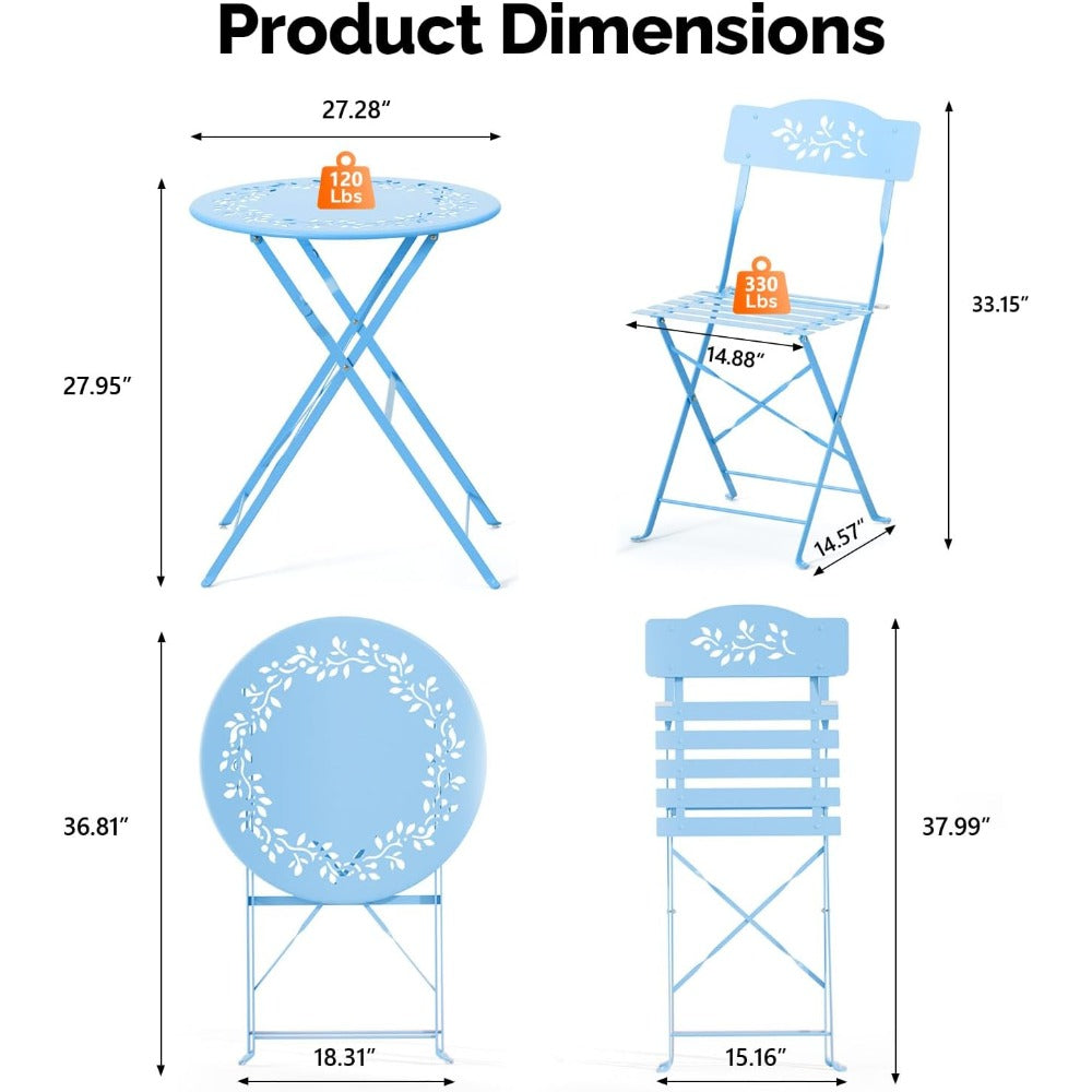 Outdoor Folding Bistro Set (3-Piece) - Patio Chair Olive Leaf Cutout Design, 2 Chairs 1 Table for Patio Balcony Garden Porch Yard, Space-Saving Foldable Outdoor Seating Set Pink\u002FGreen\u002FBlue\u002FBlack Multicolor