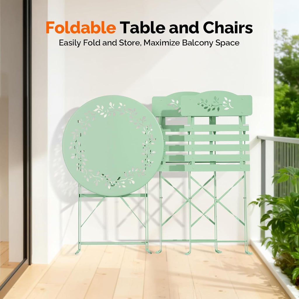Outdoor Folding Bistro Set (3-Piece) - Patio Chair Olive Leaf Cutout Design, 2 Chairs 1 Table for Patio Balcony Garden Porch Yard, Space-Saving Foldable Outdoor Seating Set Pink\u002FGreen\u002FBlue\u002FBlack Multicolor