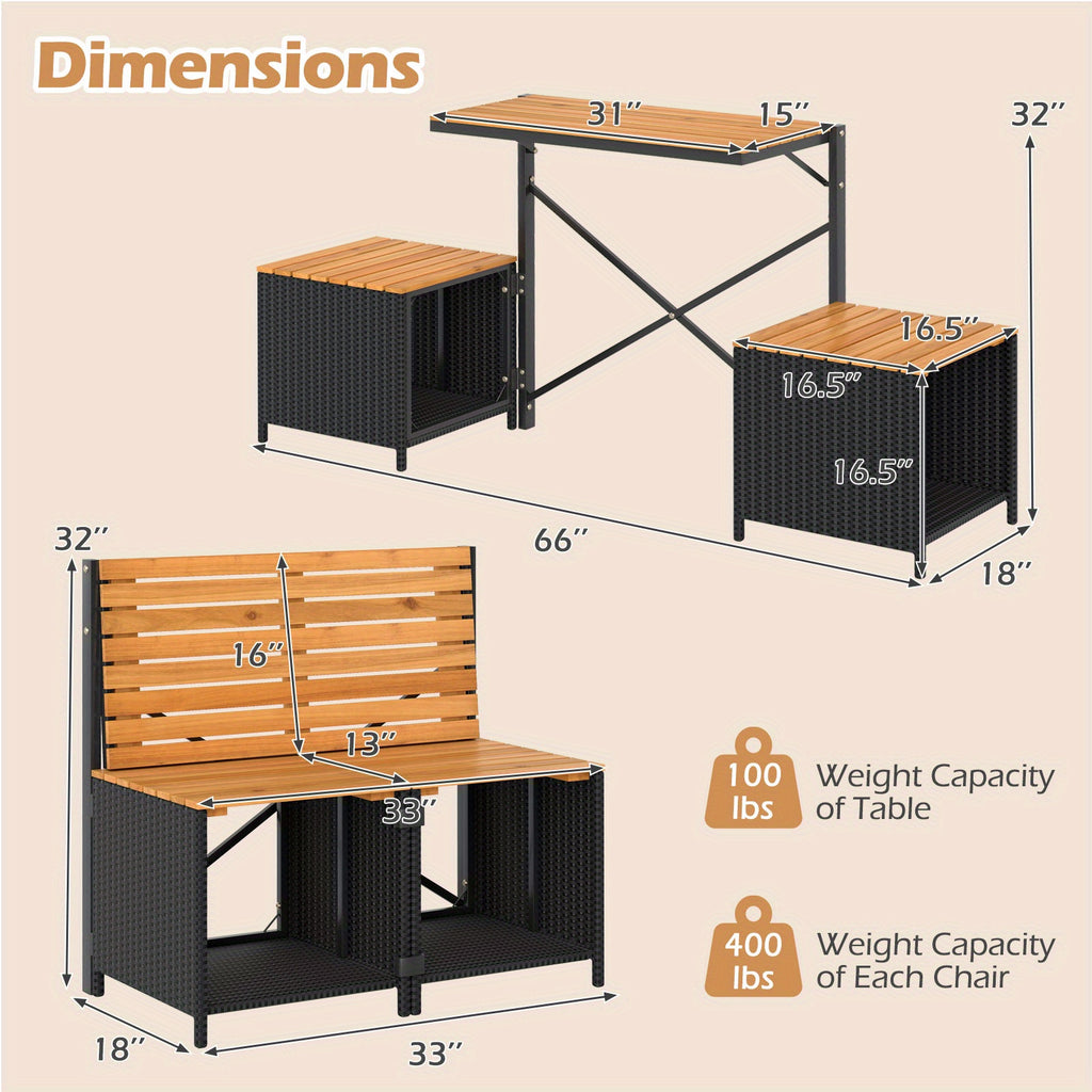 LIFEZEAL 2-in-1 Outdoor Convertible Bench, Transforming Interchangeable Picnic Table Garden Loveseat with Metal Frame, PE Rattan Acacia Wood Foldable Table and Chairs Set for Porch, Backyard & Deck