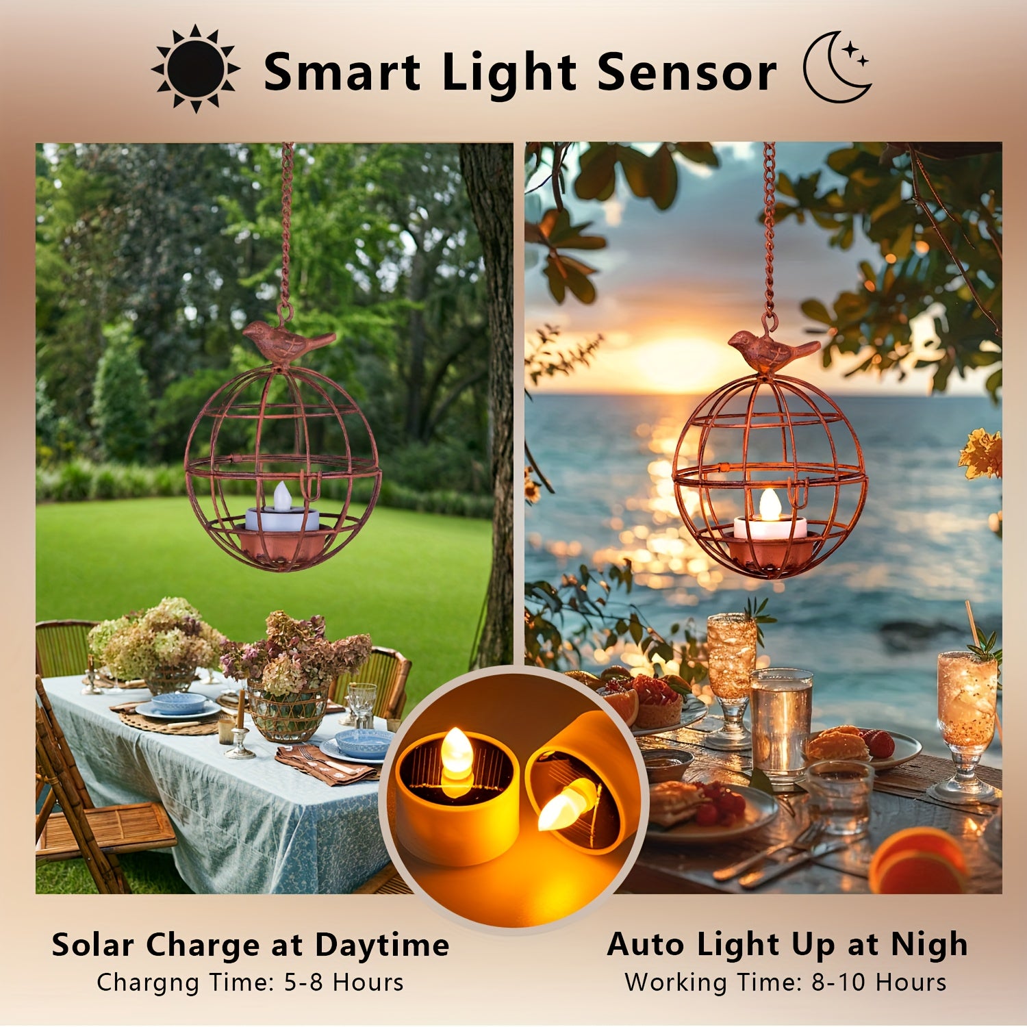 4pcs Set Outdoor Solar Hanging Lanterns, Rust-Colored Birdcage Style Iron Wire Ball Hanging Candle Holders with Solar Tea Lights, Suitable for Courtyards, Woods, and Trellis Decoration