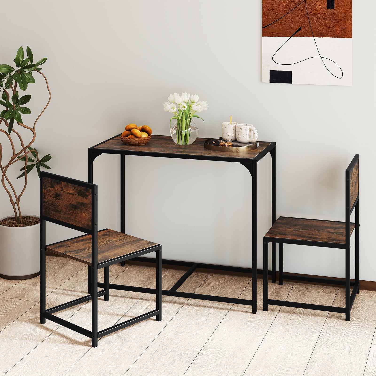 COSTWAY 3pcs Small Dining Table Set for 2 with 2 Chairs, Space-Saving Foldable-like Design (Table & Chairs Store Under It), Heavy-Duty Metal Frame & Wood Grain Surface, H-Shape Base, Compact Kitchen Table for Apartments, Home, Cafe