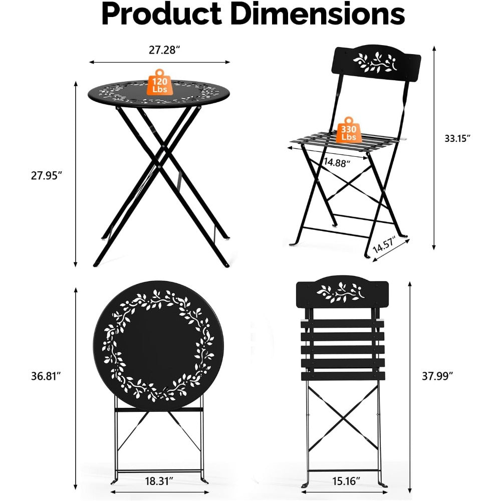 Outdoor Folding Bistro Set (3-Piece) - Patio Chair Olive Leaf Cutout Design, 2 Chairs 1 Table for Patio Balcony Garden Porch Yard, Space-Saving Foldable Outdoor Seating Set Pink\u002FGreen\u002FBlue\u002FBlack Multicolor