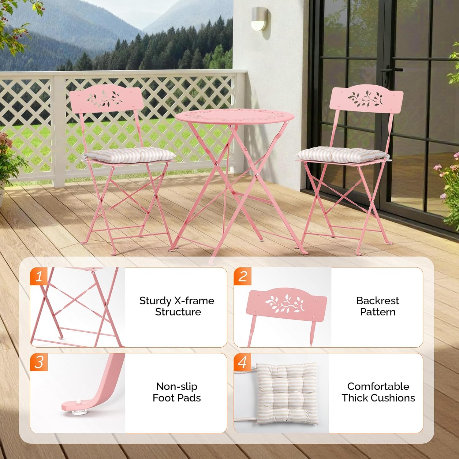 Outdoor Folding Bistro Set (3-Piece) - Patio Chair Olive Leaf Cutout Design, 2 Chairs 1 Table for Patio Balcony Garden Porch Yard, Space-Saving Foldable Outdoor Seating Set Pink\u002FGreen\u002FBlue\u002FBlack Multicolor