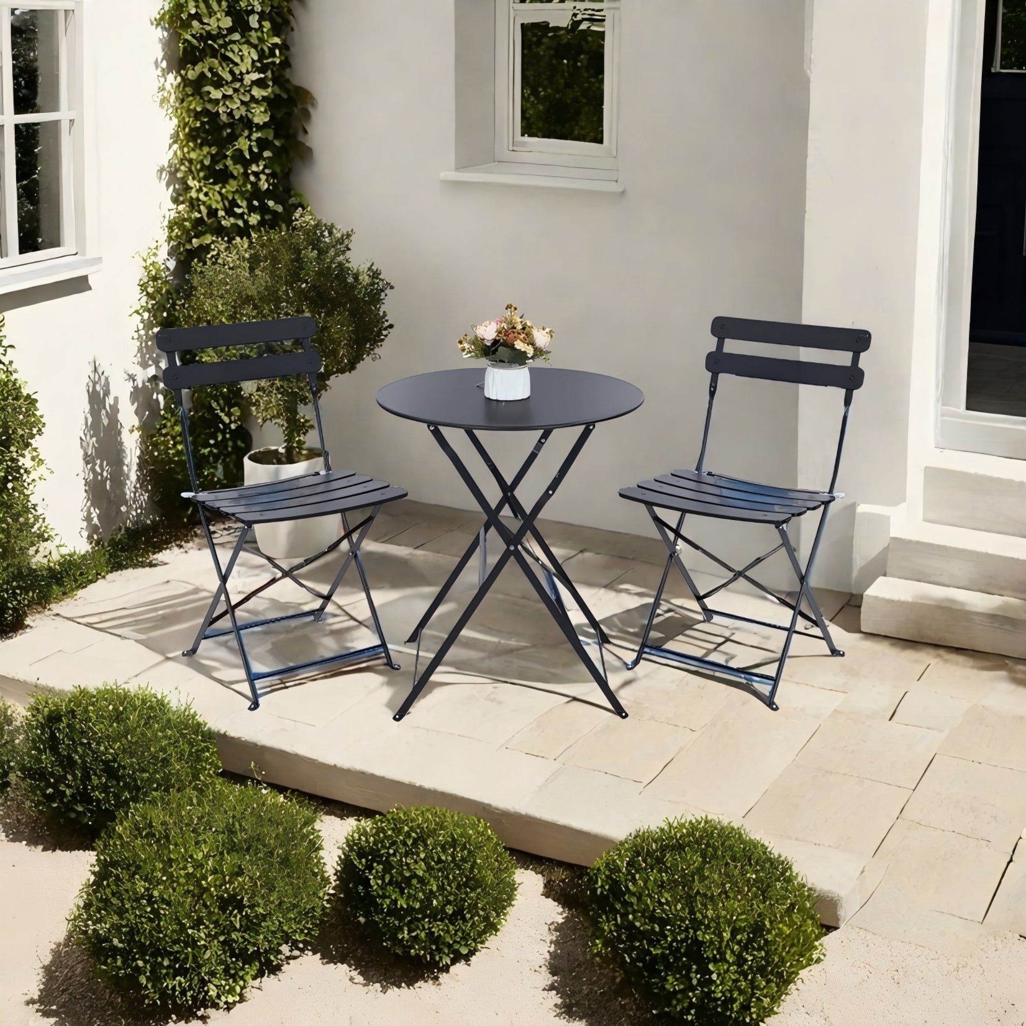 Outdoor 3pcs Folding Bistro Set, Includes 1 Table And 2 Folding Chairs, Powder Coated Metal, Portable Design for Small Spaces, Patio, Balcony, Garden, Poolside