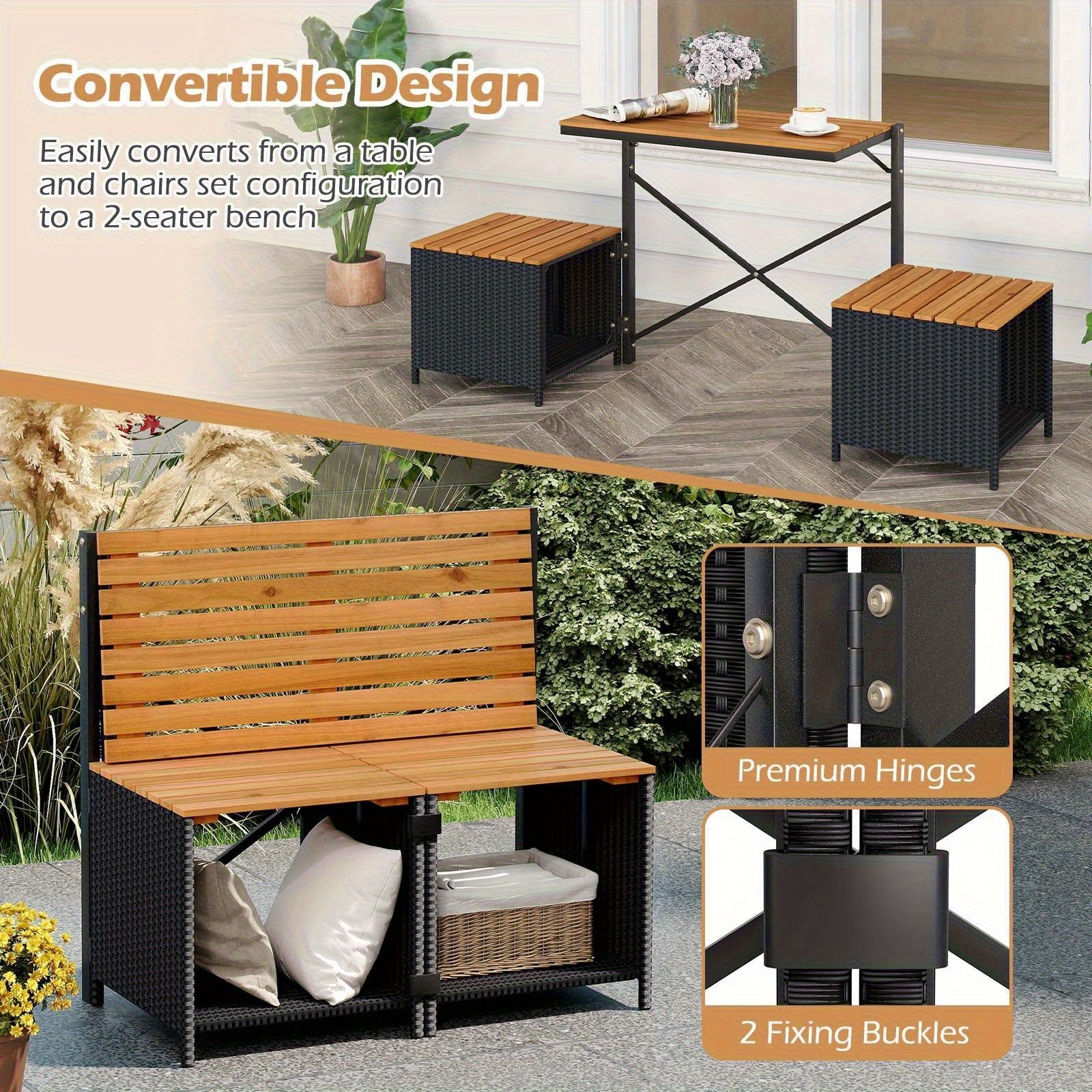 LIFEZEAL 2-in-1 Outdoor Convertible Bench, Transforming Interchangeable Picnic Table Garden Loveseat with Metal Frame, PE Rattan Acacia Wood Foldable Table and Chairs Set for Porch, Backyard & Deck