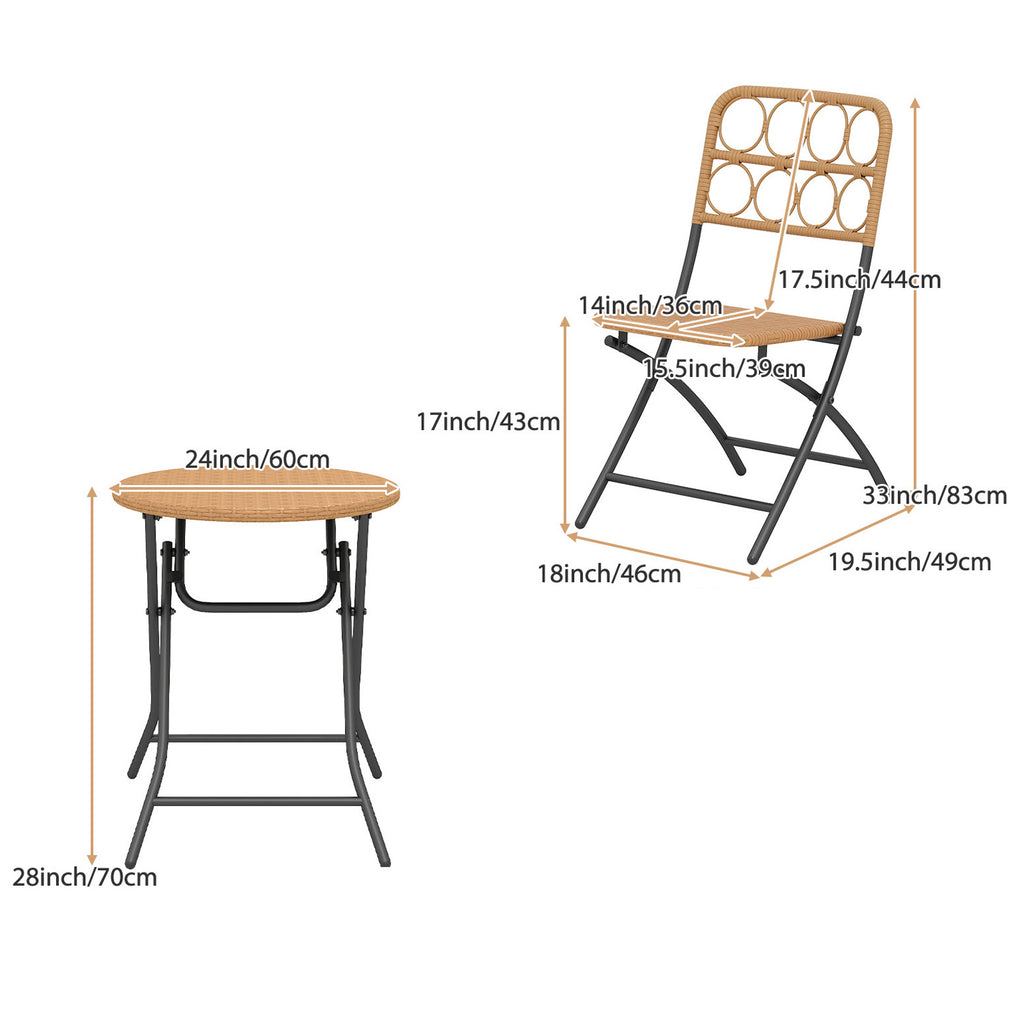 3pcs Folding Patio Bistro Set, Outdoor Round Table and Chairs with Hand-Woven Wicker Seat & Tabletop, Portable Metal Frame Dining Set for Balcony, Garden, Backyard