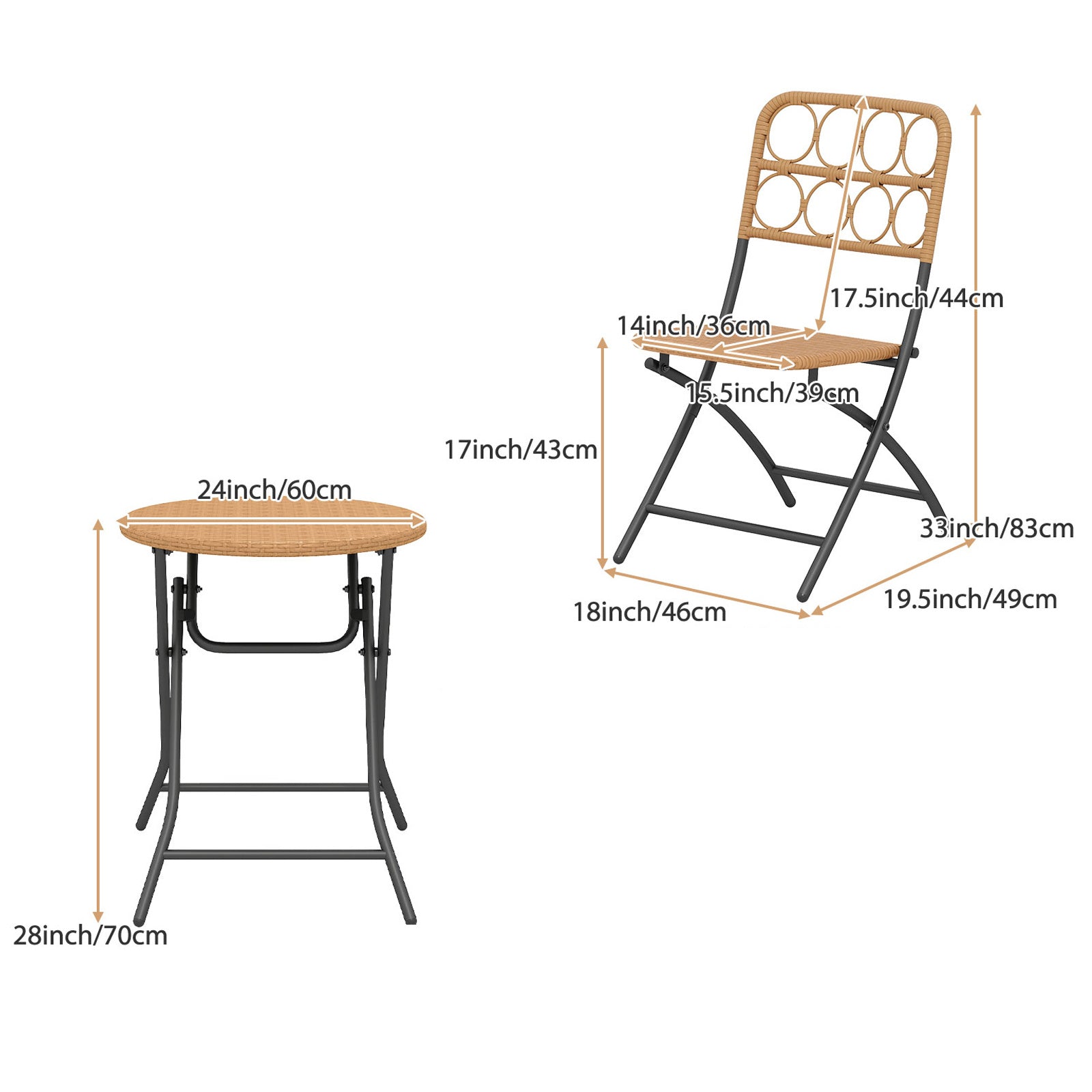 3pcs Folding Patio Bistro Set, Outdoor Round Table and Chairs with Hand-Woven Wicker Seat & Tabletop, Portable Metal Frame Dining Set for Balcony, Garden, Backyard