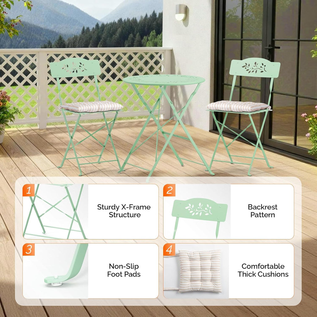 Outdoor Folding Bistro Set (3-Piece) - Patio Chair Olive Leaf Cutout Design, 2 Chairs 1 Table for Patio Balcony Garden Porch Yard, Space-Saving Foldable Outdoor Seating Set Pink\u002FGreen\u002FBlue\u002FBlack Multicolor