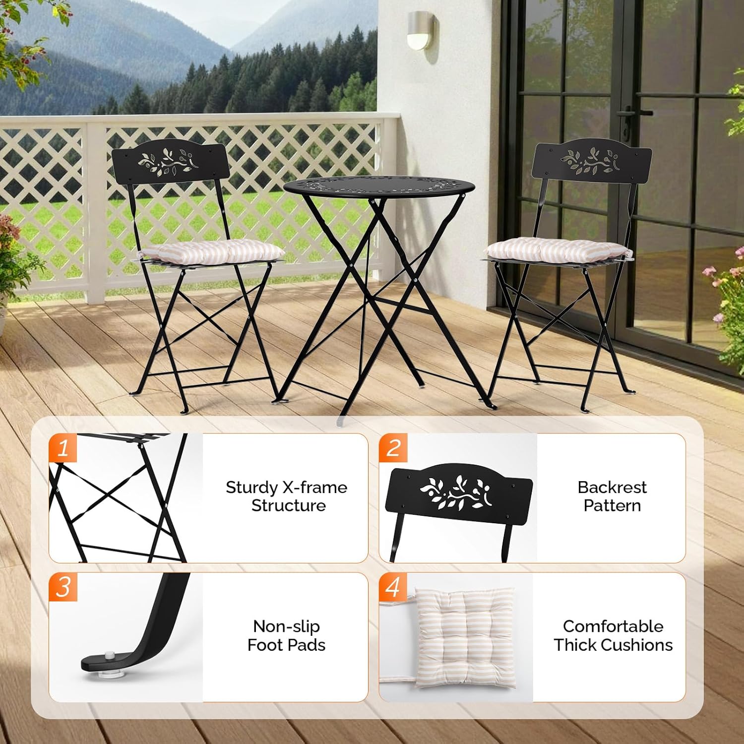 Outdoor Folding Bistro Set (3-Piece) - Patio Chair Olive Leaf Cutout Design, 2 Chairs 1 Table for Patio Balcony Garden Porch Yard, Space-Saving Foldable Outdoor Seating Set Pink\u002FGreen\u002FBlue\u002FBlack Multicolor