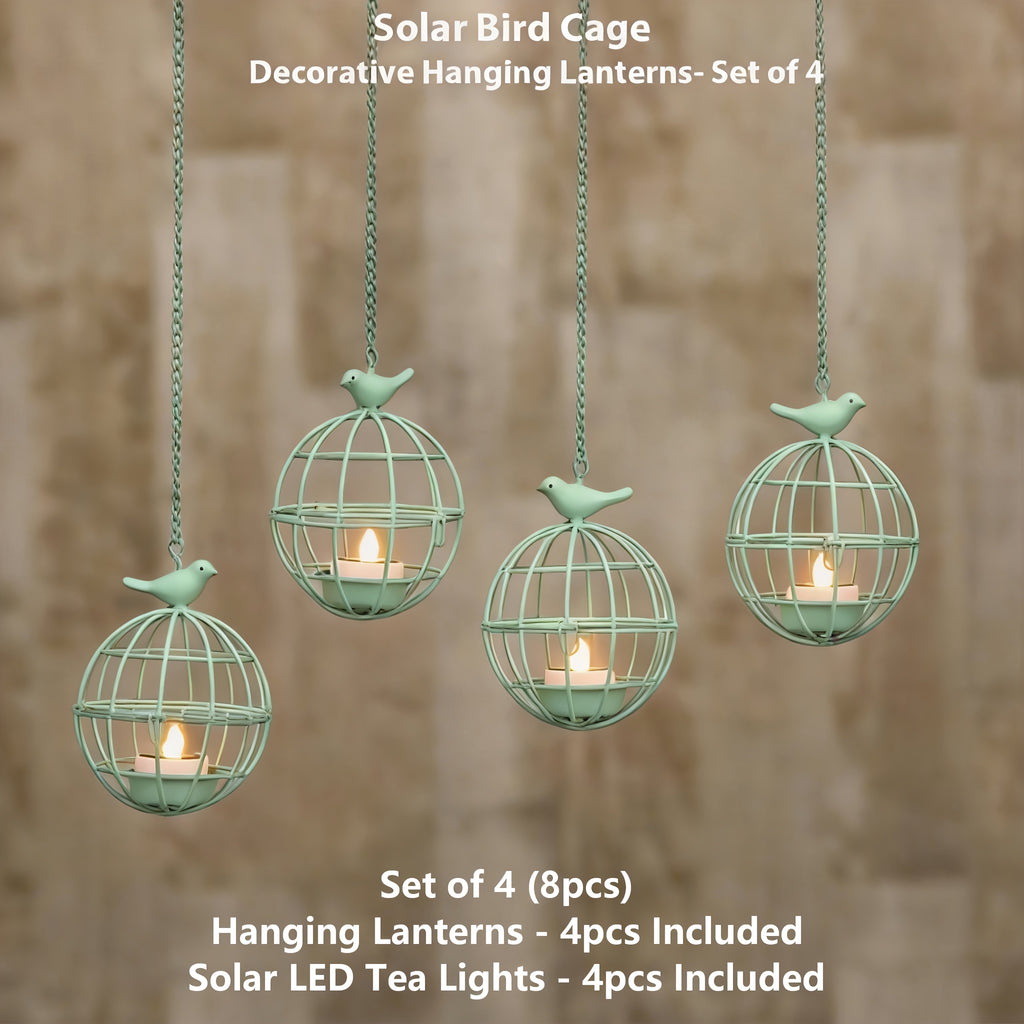 4pcs Set Outdoor Solar Hanging Lanterns, Rust-Colored Birdcage Style Iron Wire Ball Hanging Candle Holders with Solar Tea Lights, Suitable for Courtyards, Woods, and Trellis Decoration
