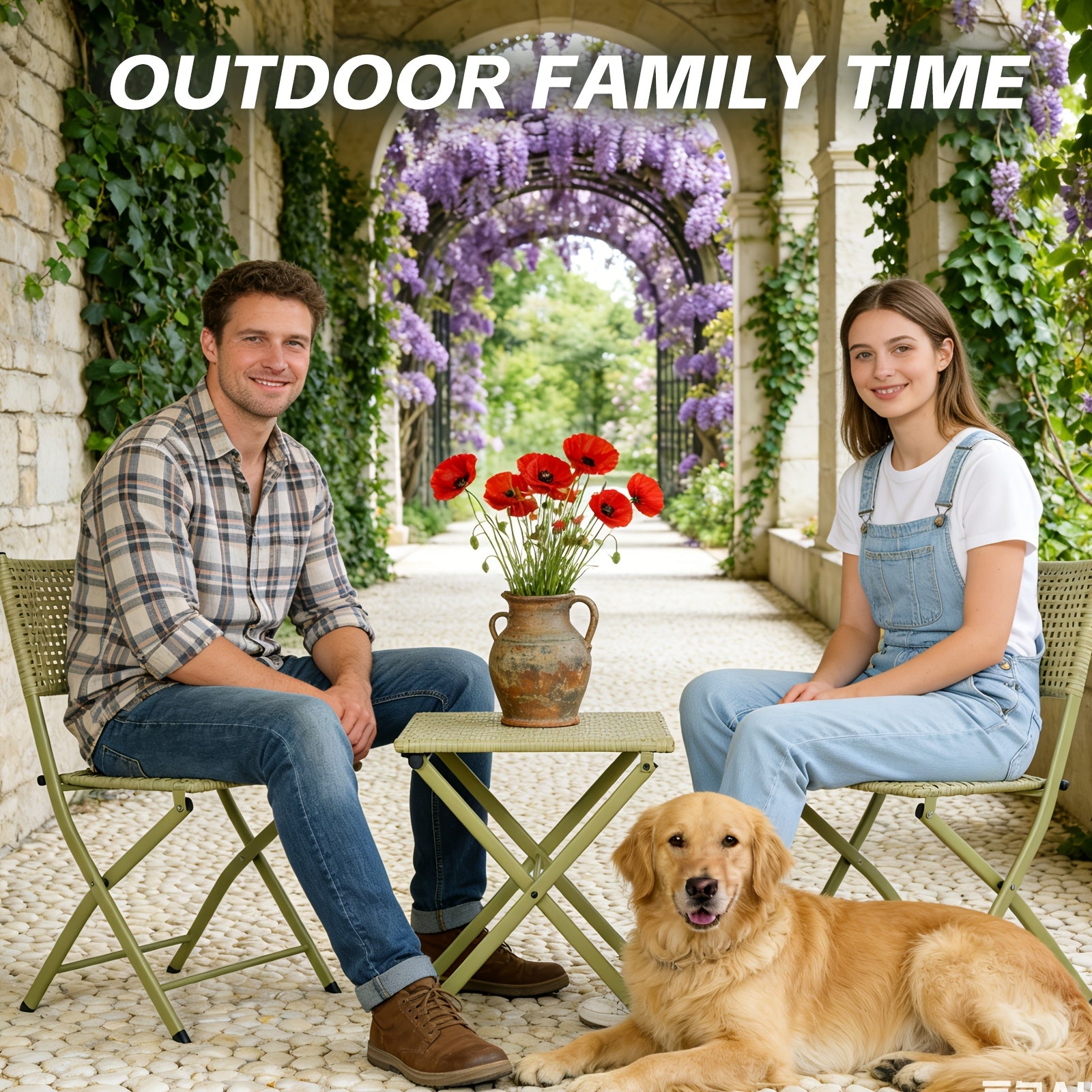 Outdoor Folding Chair Table Set 3pcs with 1 Table And 2 Chairs, Portable Patio Furniture, Metal Frame And Weather Resistance, Space Saving for Balcony And Garden