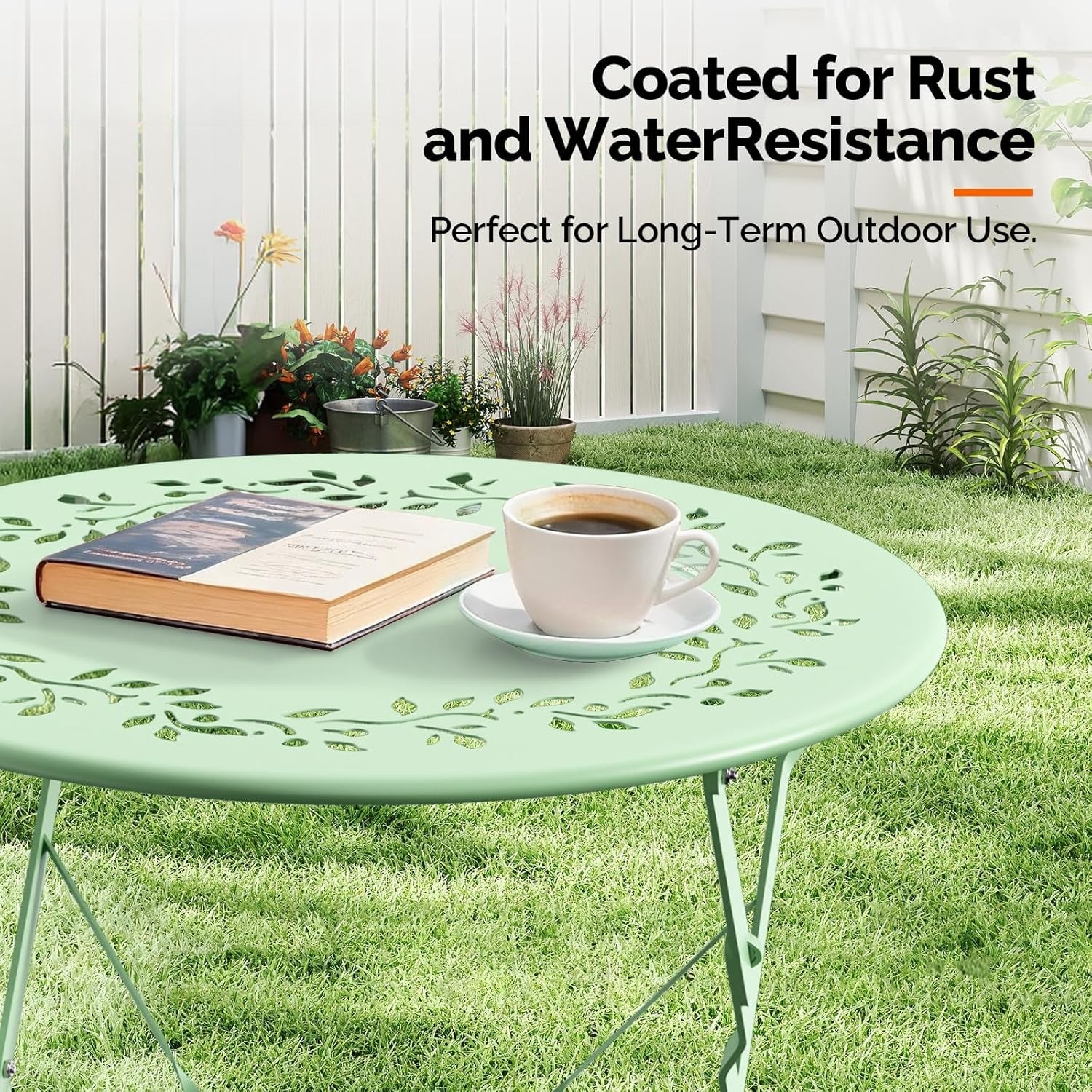 Outdoor Folding Bistro Set (3-Piece) - Patio Chair Olive Leaf Cutout Design, 2 Chairs 1 Table for Patio Balcony Garden Porch Yard, Space-Saving Foldable Outdoor Seating Set Pink\u002FGreen\u002FBlue\u002FBlack Multicolor