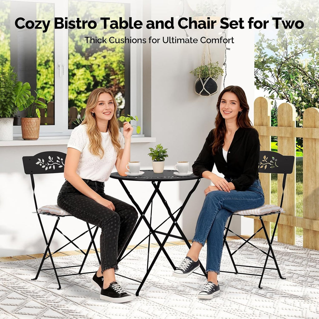 Outdoor Folding Bistro Set (3-Piece) - Patio Chair Olive Leaf Cutout Design, 2 Chairs 1 Table for Patio Balcony Garden Porch Yard, Space-Saving Foldable Outdoor Seating Set Pink\u002FGreen\u002FBlue\u002FBlack Multicolor