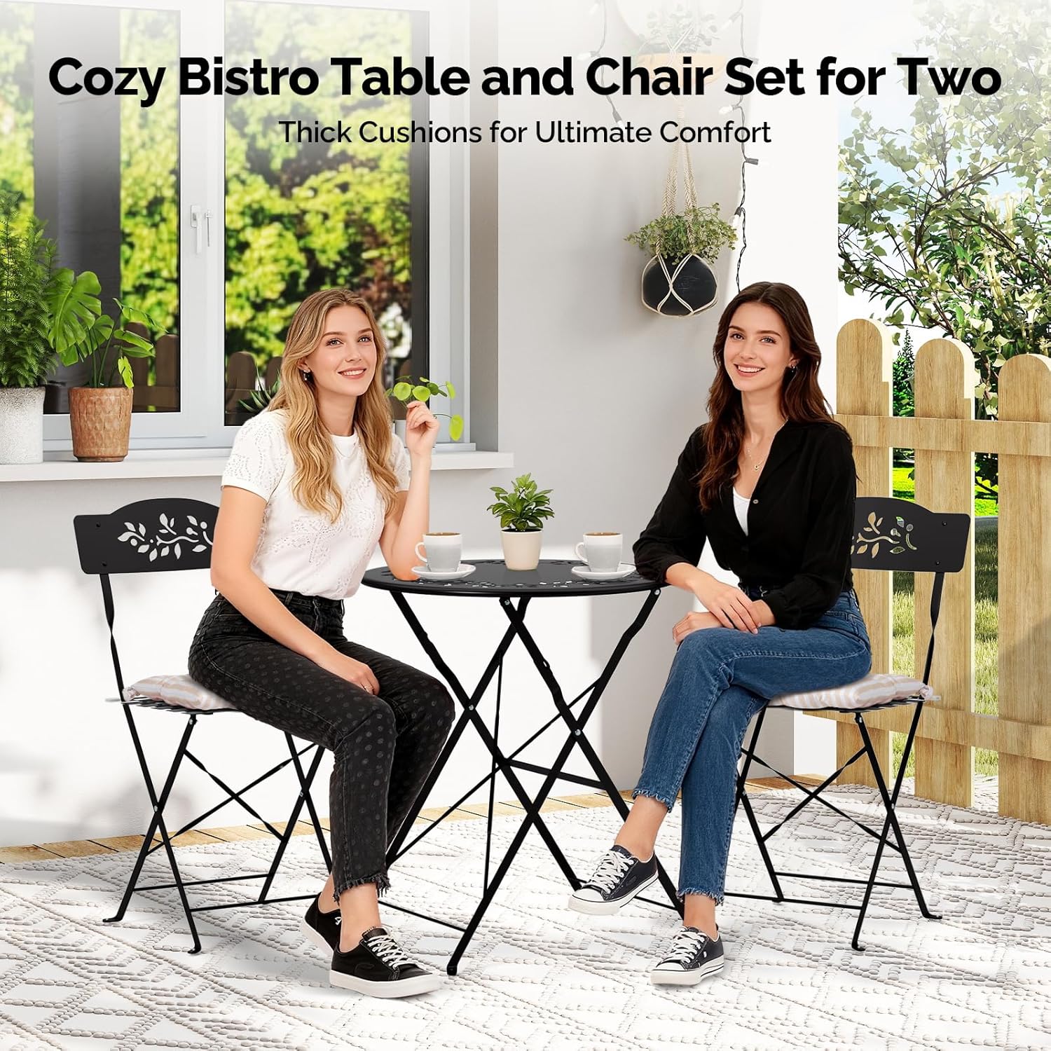 Outdoor Folding Bistro Set (3-Piece) - Patio Chair Olive Leaf Cutout Design, 2 Chairs 1 Table for Patio Balcony Garden Porch Yard, Space-Saving Foldable Outdoor Seating Set Pink\u002FGreen\u002FBlue\u002FBlack Multicolor