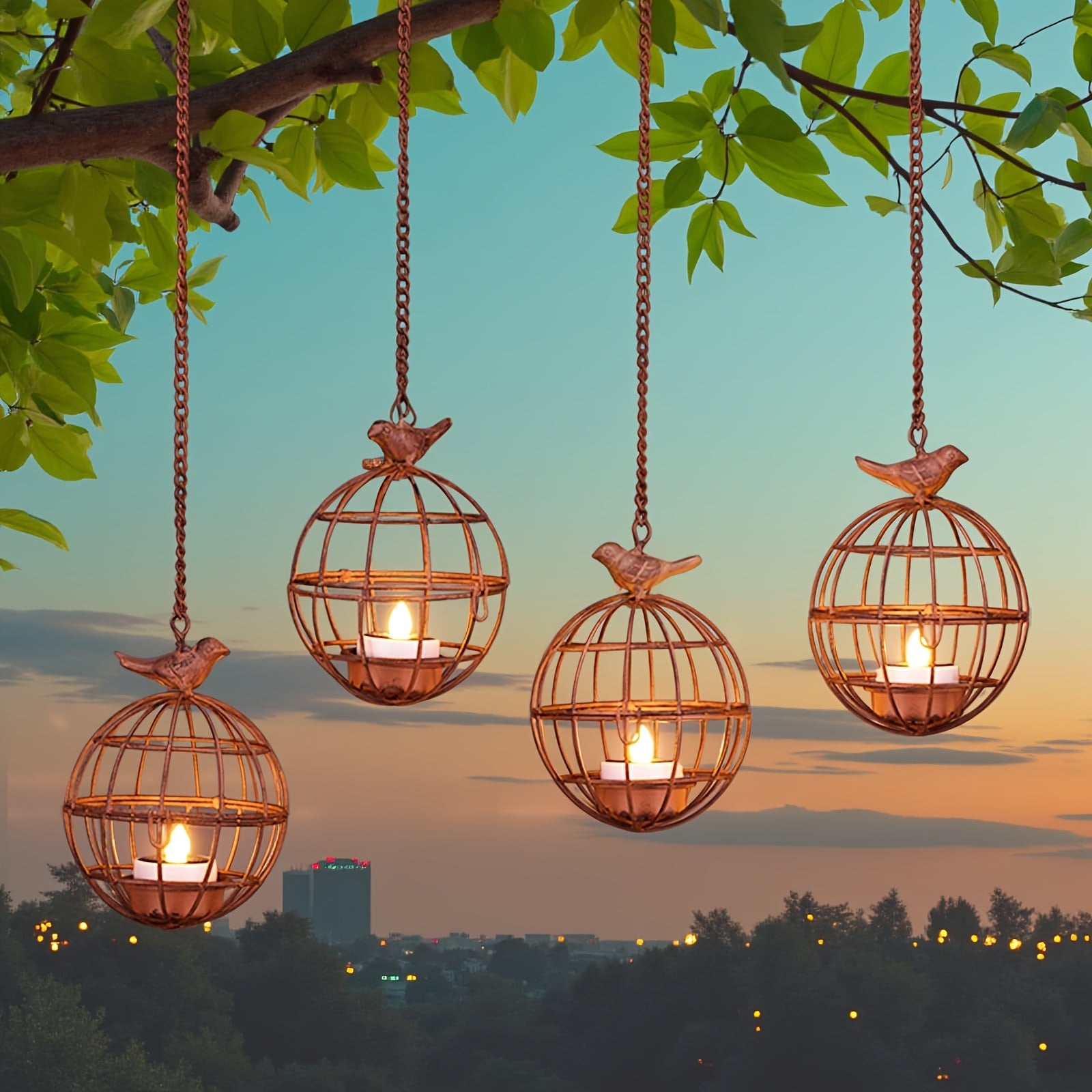 4pcs Set Outdoor Solar Hanging Lanterns, Rust-Colored Birdcage Style Iron Wire Ball Hanging Candle Holders with Solar Tea Lights, Suitable for Courtyards, Woods, and Trellis Decoration