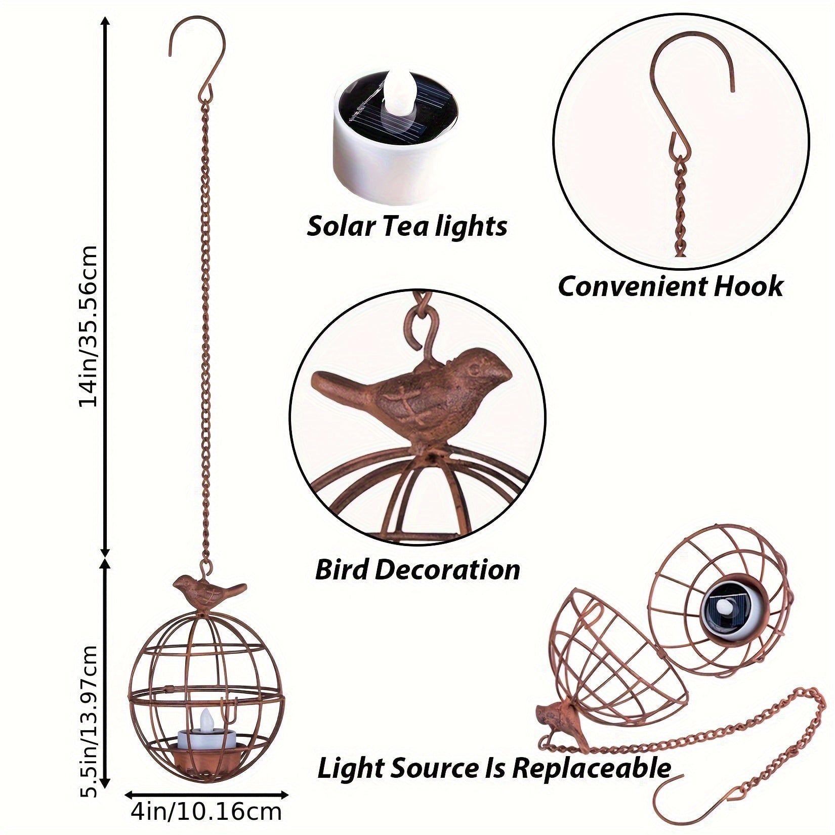 4pcs Set Outdoor Solar Hanging Lanterns, Rust-Colored Birdcage Style Iron Wire Ball Hanging Candle Holders with Solar Tea Lights, Suitable for Courtyards, Woods, and Trellis Decoration