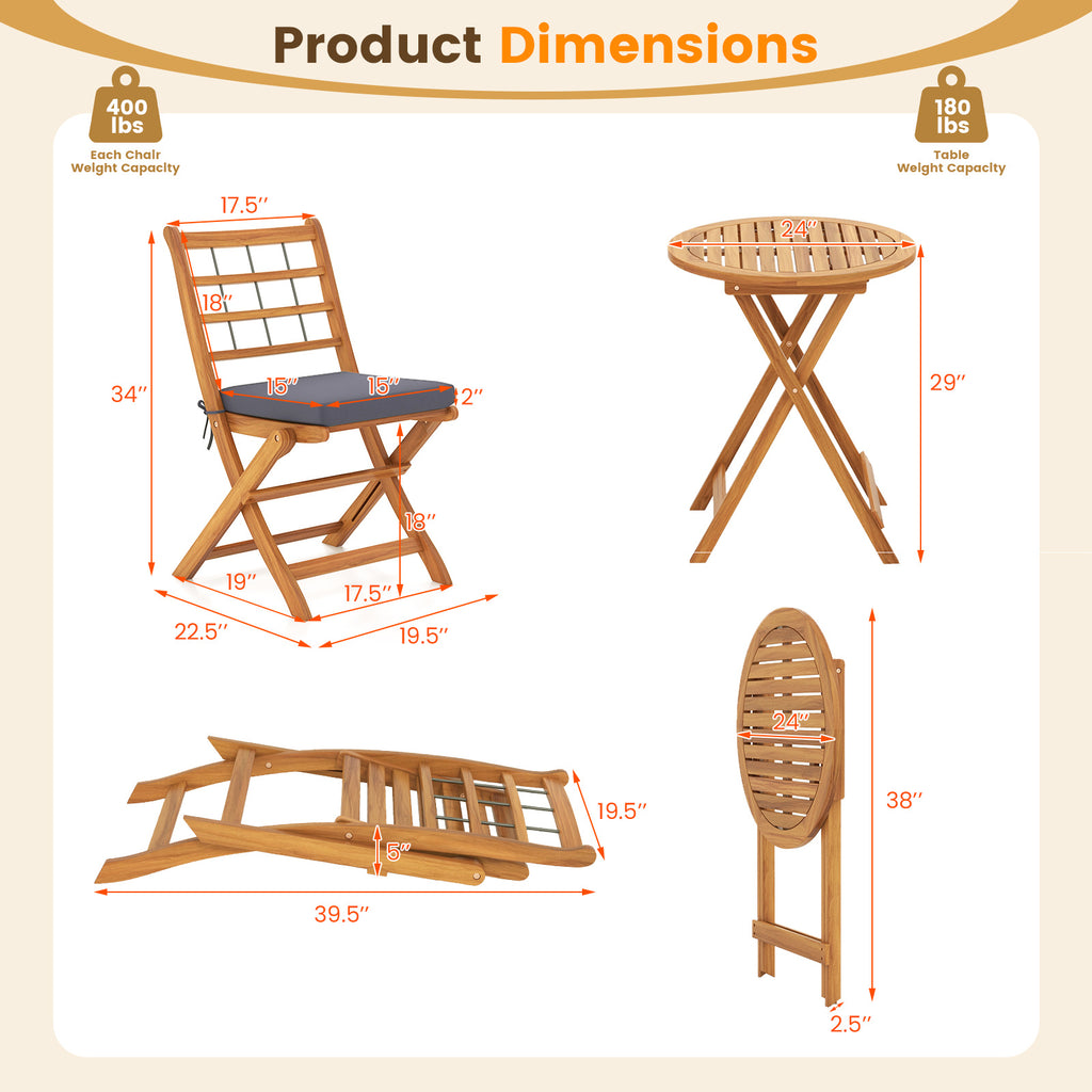 COSTWAY 3pcs Acacia Wood Patio Bistro Set Folding Table and Chairs Set with Cushions