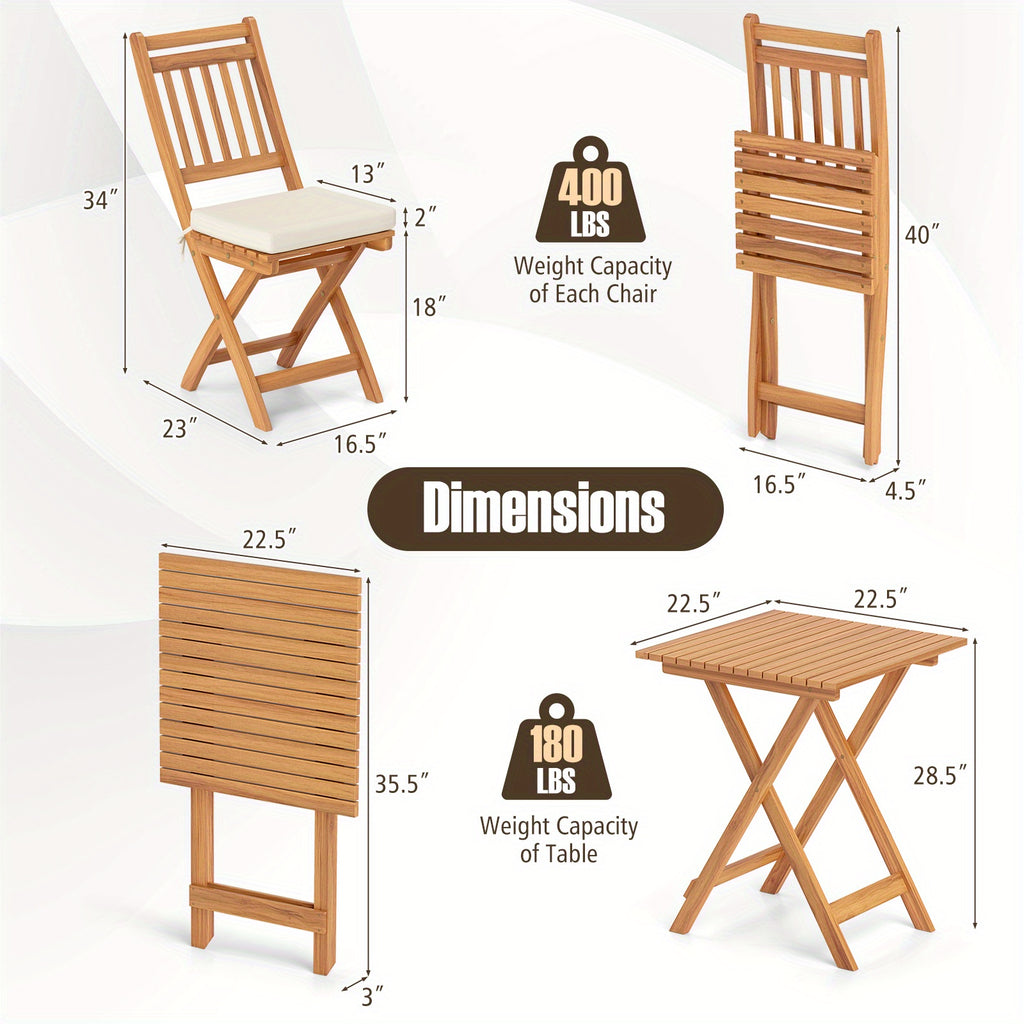 LIFEZEAL Acacia Wood Outdoor Folding Bistro Set with Cushions - High-Back Chairs & Table, Wood Patio Dining Furniture for Backyard, Poolside, Balcony (No Chair Assembly Required)