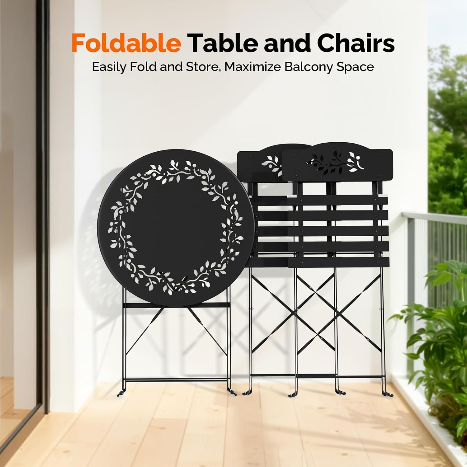 Outdoor Folding Bistro Set (3-Piece) - Patio Chair Olive Leaf Cutout Design, 2 Chairs 1 Table for Patio Balcony Garden Porch Yard, Space-Saving Foldable Outdoor Seating Set Pink\u002FGreen\u002FBlue\u002FBlack Multicolor