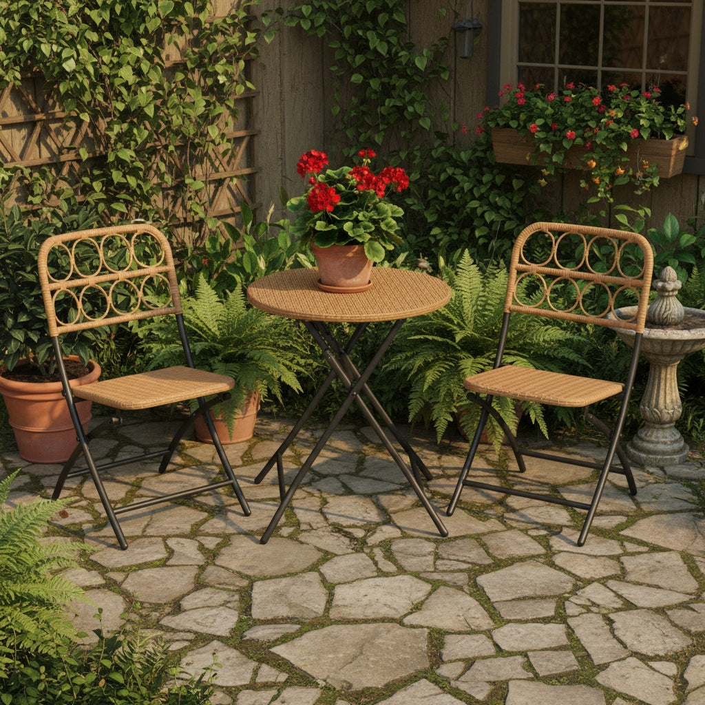 3pcs Folding Patio Bistro Set, Outdoor Round Table and Chairs with Hand-Woven Wicker Seat & Tabletop, Portable Metal Frame Dining Set for Balcony, Garden, Backyard