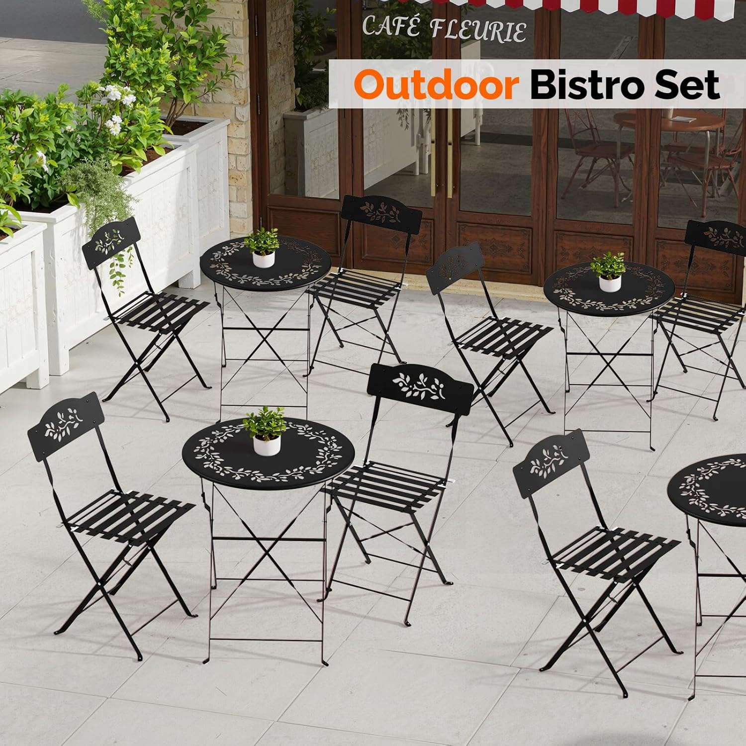 Outdoor Folding Bistro Set (3-Piece) - Patio Chair Olive Leaf Cutout Design, 2 Chairs 1 Table for Patio Balcony Garden Porch Yard, Space-Saving Foldable Outdoor Seating Set Pink\u002FGreen\u002FBlue\u002FBlack Multicolor