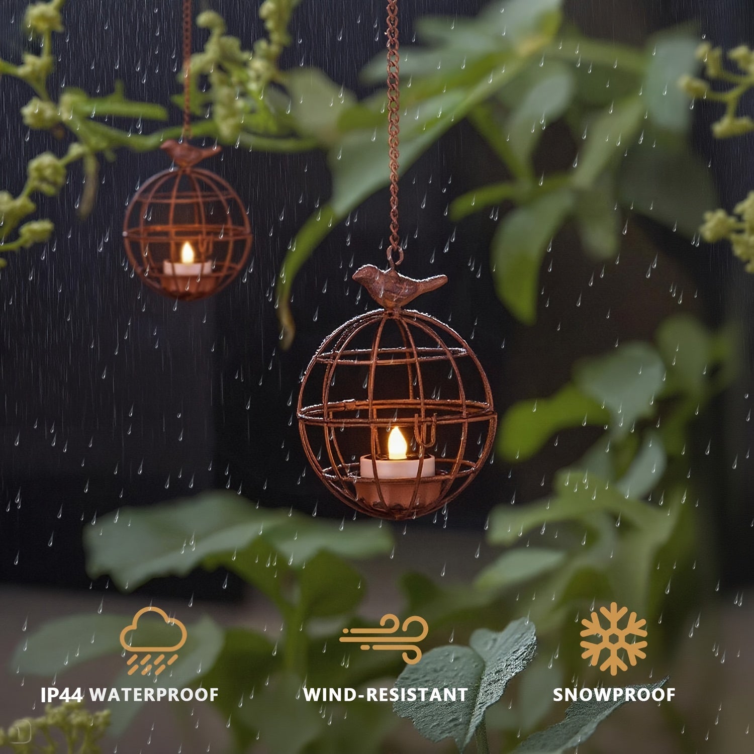 4pcs Set Outdoor Solar Hanging Lanterns, Rust-Colored Birdcage Style Iron Wire Ball Hanging Candle Holders with Solar Tea Lights, Suitable for Courtyards, Woods, and Trellis Decoration