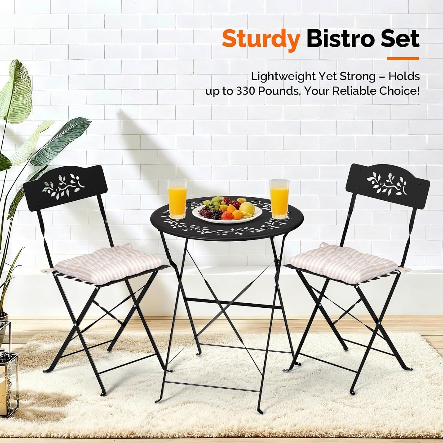 Outdoor Folding Bistro Set (3-Piece) - Patio Chair Olive Leaf Cutout Design, 2 Chairs 1 Table for Patio Balcony Garden Porch Yard, Space-Saving Foldable Outdoor Seating Set Pink\u002FGreen\u002FBlue\u002FBlack Multicolor