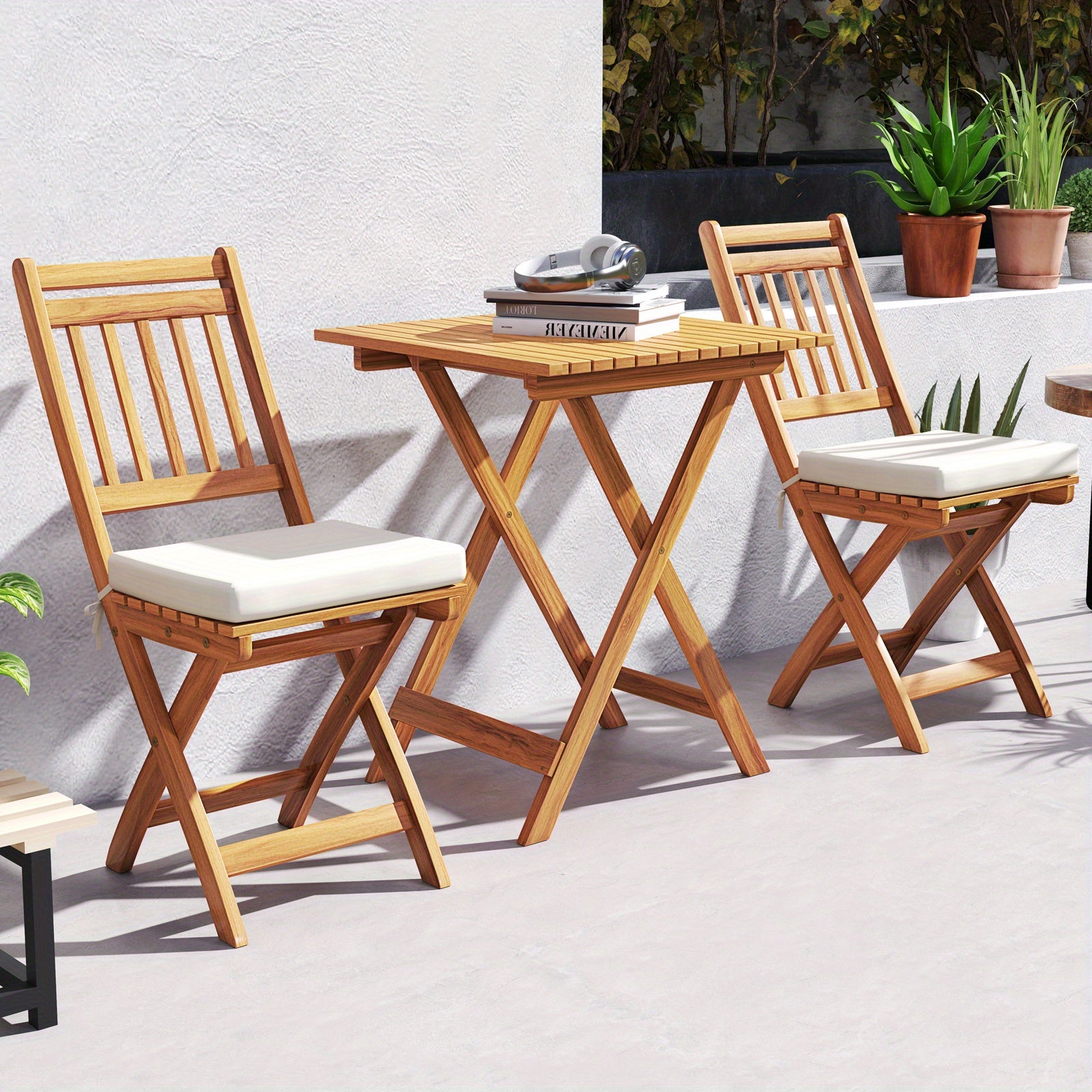 LIFEZEAL Acacia Wood Outdoor Folding Bistro Set with Cushions - High-Back Chairs & Table, Wood Patio Dining Furniture for Backyard, Poolside, Balcony (No Chair Assembly Required)