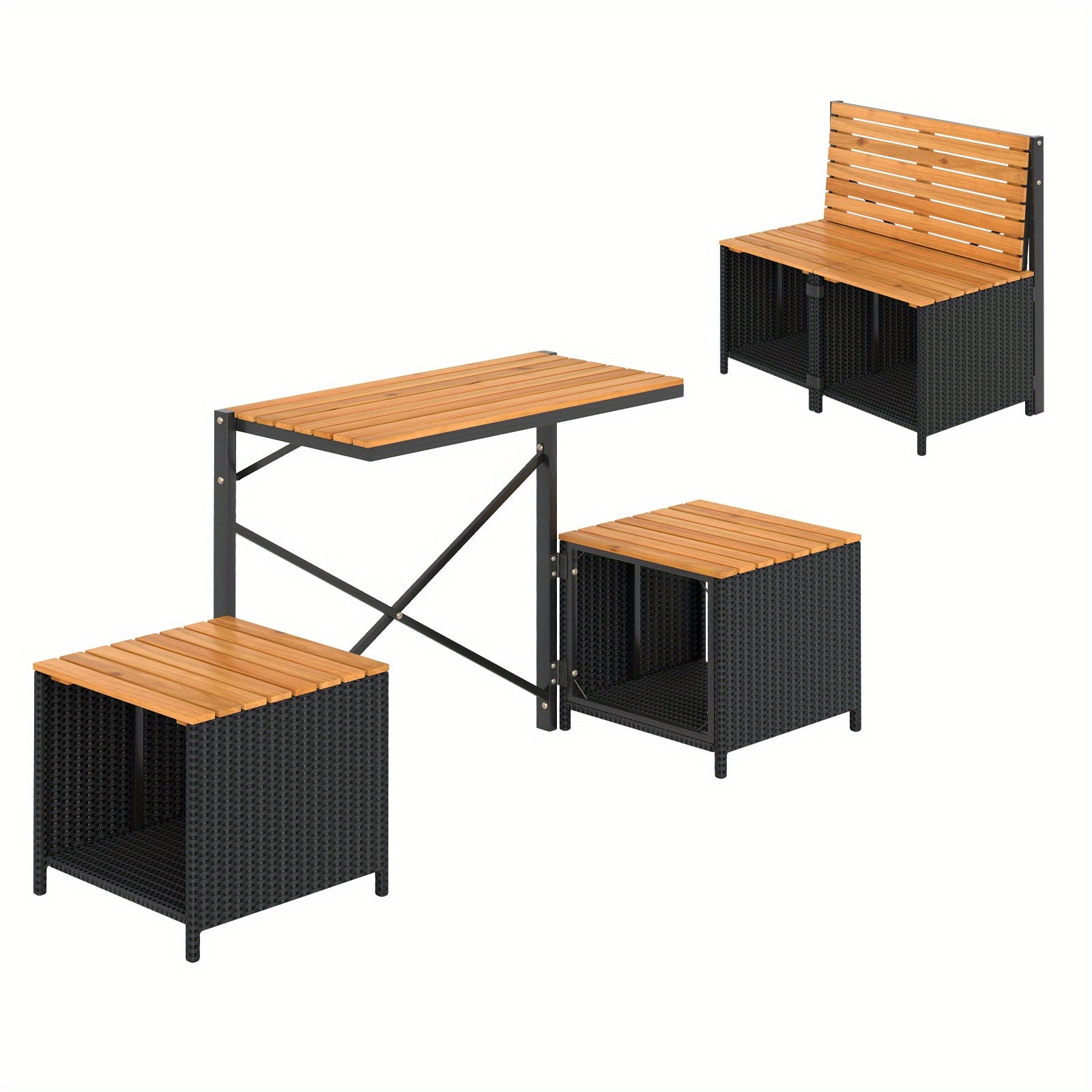 LIFEZEAL 2-in-1 Outdoor Convertible Bench, Transforming Interchangeable Picnic Table Garden Loveseat with Metal Frame, PE Rattan Acacia Wood Foldable Table and Chairs Set for Porch, Backyard & Deck