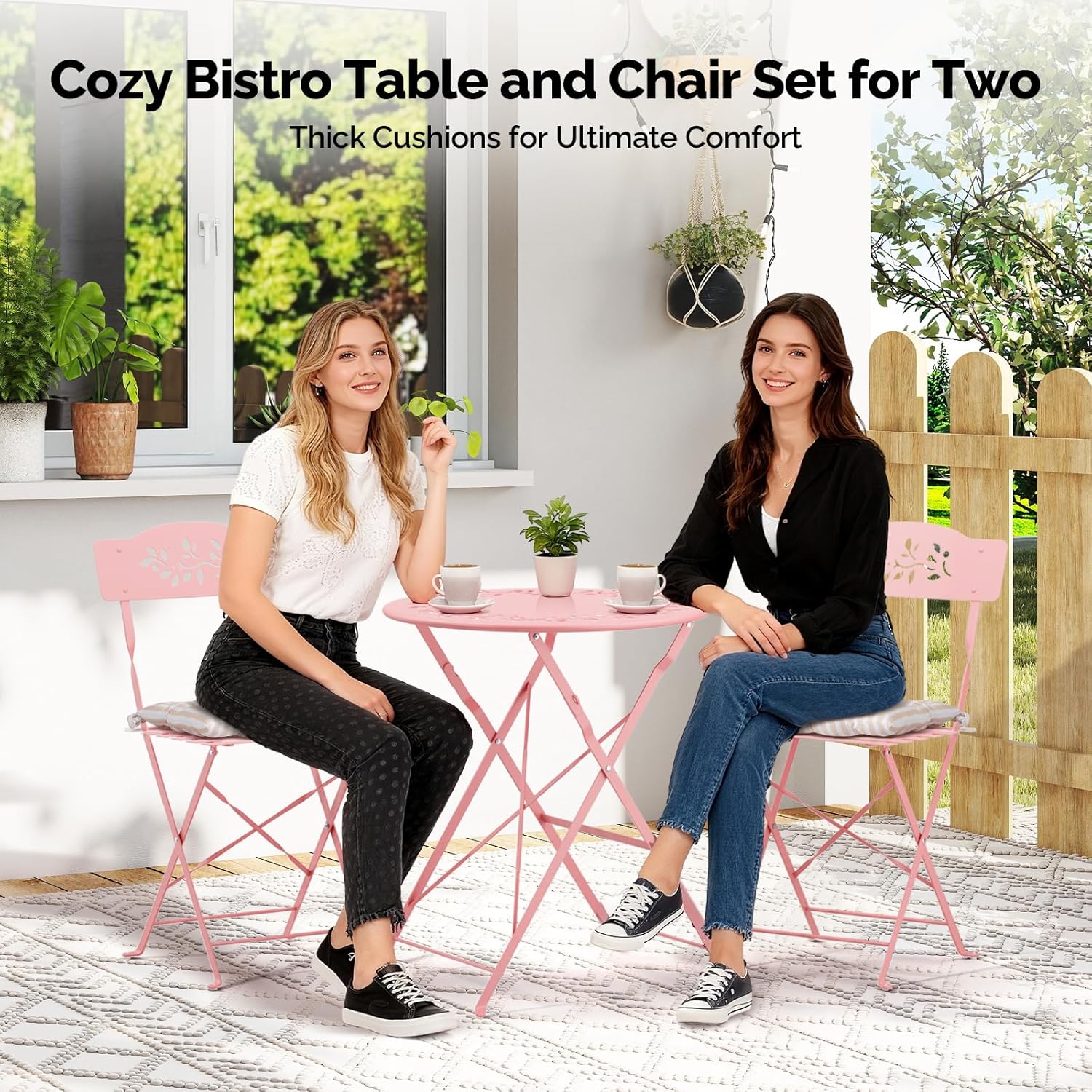 Outdoor Folding Bistro Set (3-Piece) - Patio Chair Olive Leaf Cutout Design, 2 Chairs 1 Table for Patio Balcony Garden Porch Yard, Space-Saving Foldable Outdoor Seating Set Pink\u002FGreen\u002FBlue\u002FBlack Multicolor