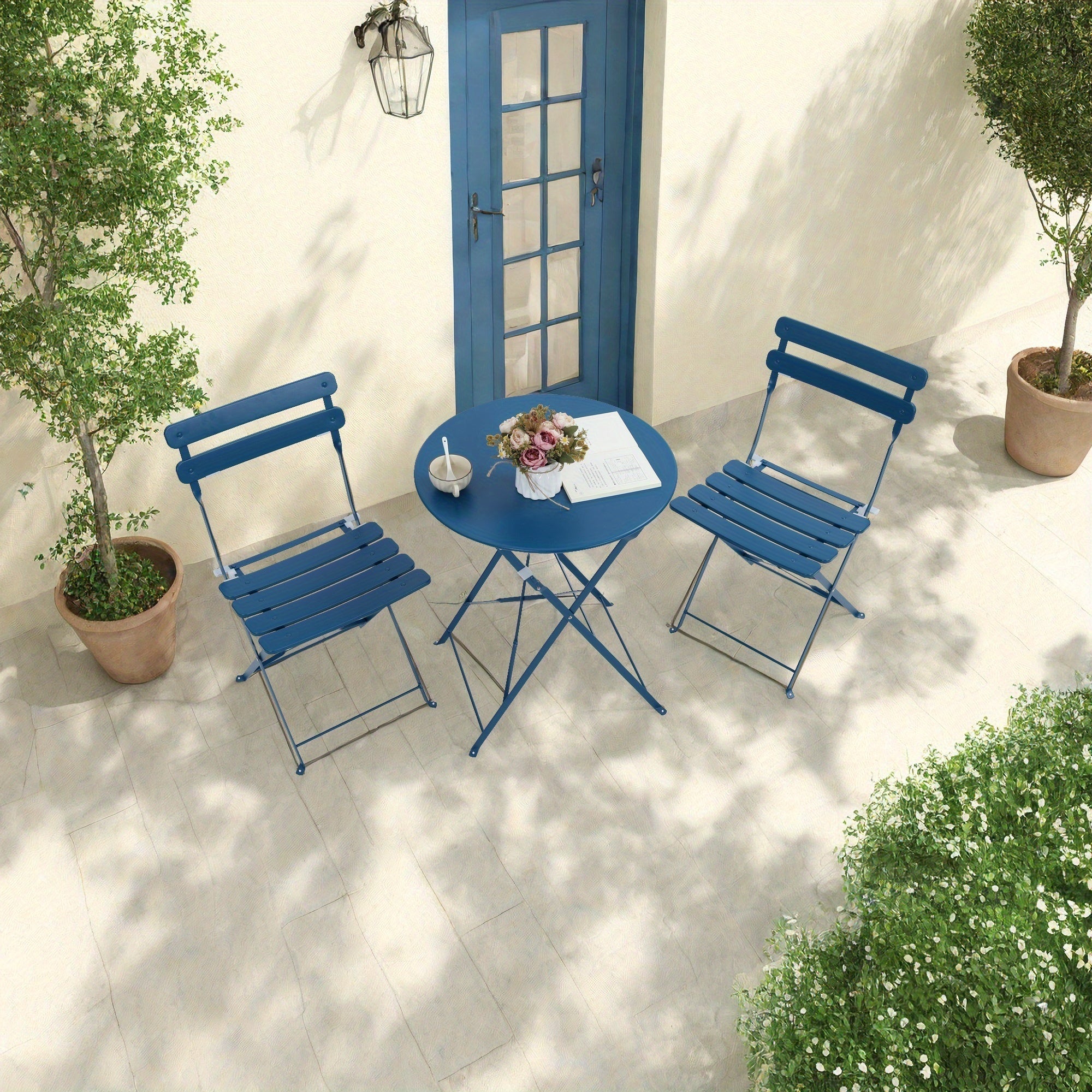 Outdoor 3pcs Folding Bistro Set, Includes 1 Table And 2 Folding Chairs, Powder Coated Metal, Portable Design for Small Spaces, Patio, Balcony, Garden, Poolside