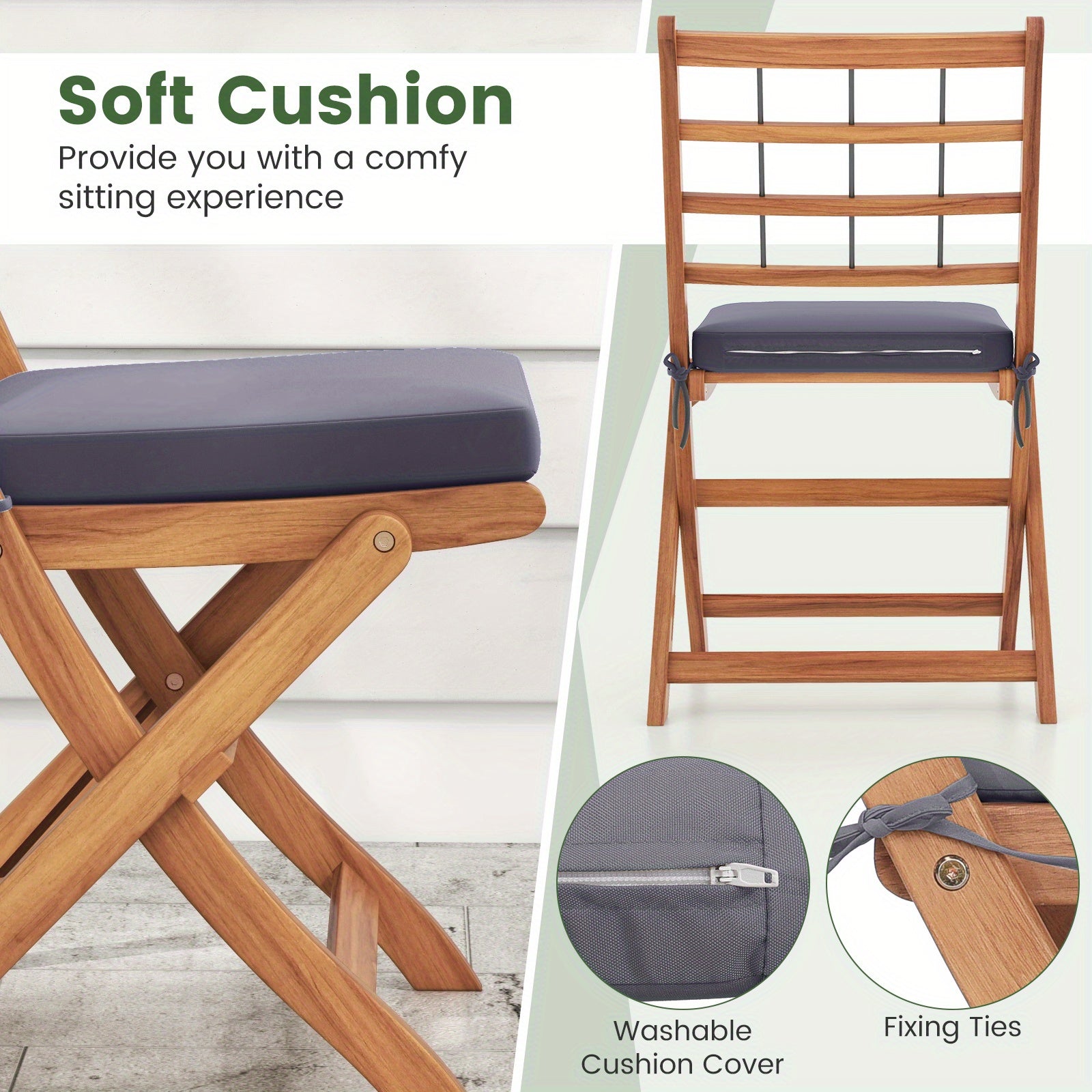 COSTWAY 3pcs Acacia Wood Patio Bistro Set Folding Table and Chairs Set with Cushions