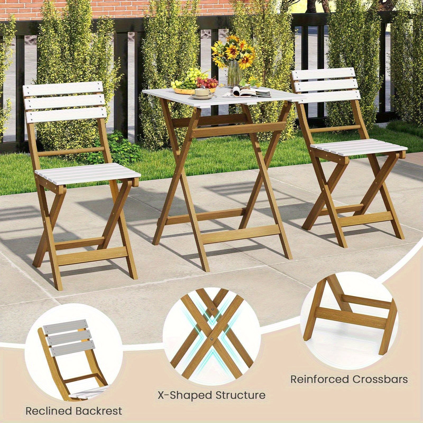 COSTWAY 3pcs Folding Patio Bistro Set, Outdoor Furniture Set with Foldable Space-Saving Design, Acacia Wood Porch Chairs and Square Table for Garden, Backyard and Poolside