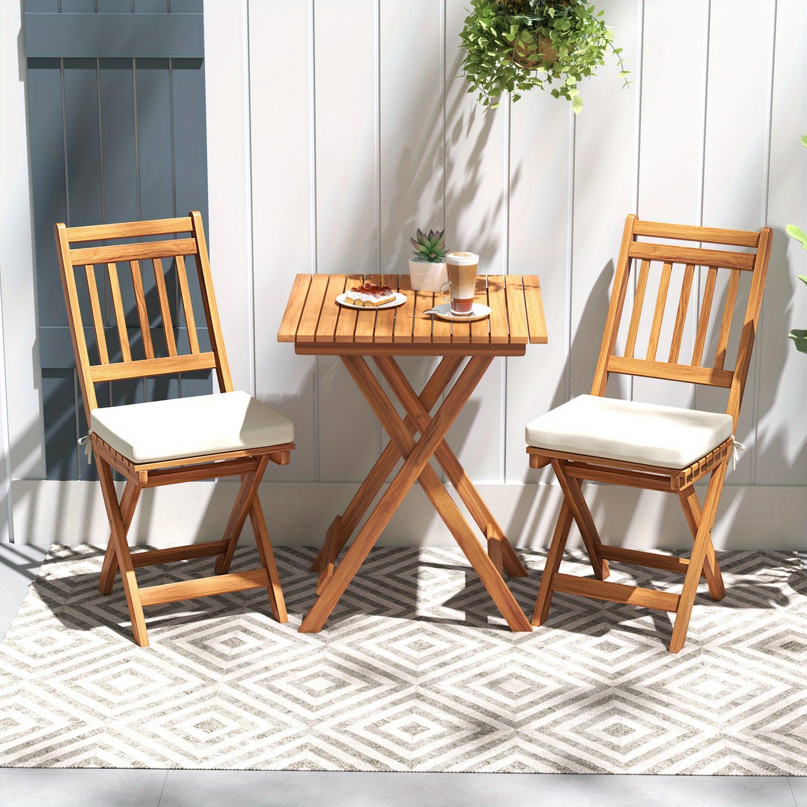 LIFEZEAL Acacia Wood Outdoor Folding Bistro Set with Cushions - High-Back Chairs & Table, Wood Patio Dining Furniture for Backyard, Poolside, Balcony (No Chair Assembly Required)